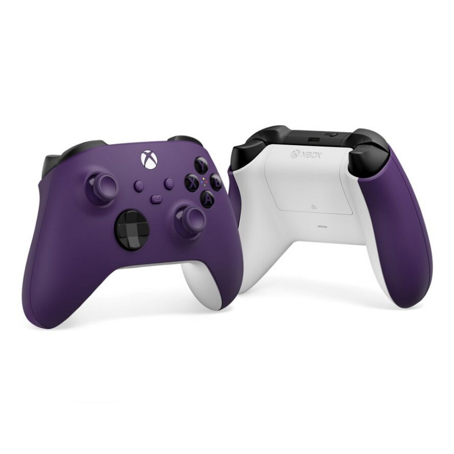 Deux manettes Xbox violettes et noires sur fond blanc. L'une montre l'arrière, l'autre l'avant.