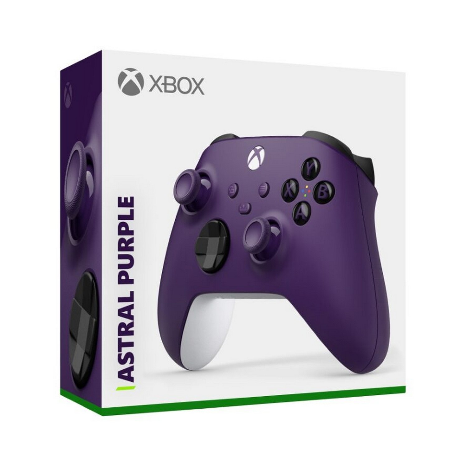 Une manette Xbox dans une boîte violette avec l'étiquette 'Astral Purple', le design de la manette visible.