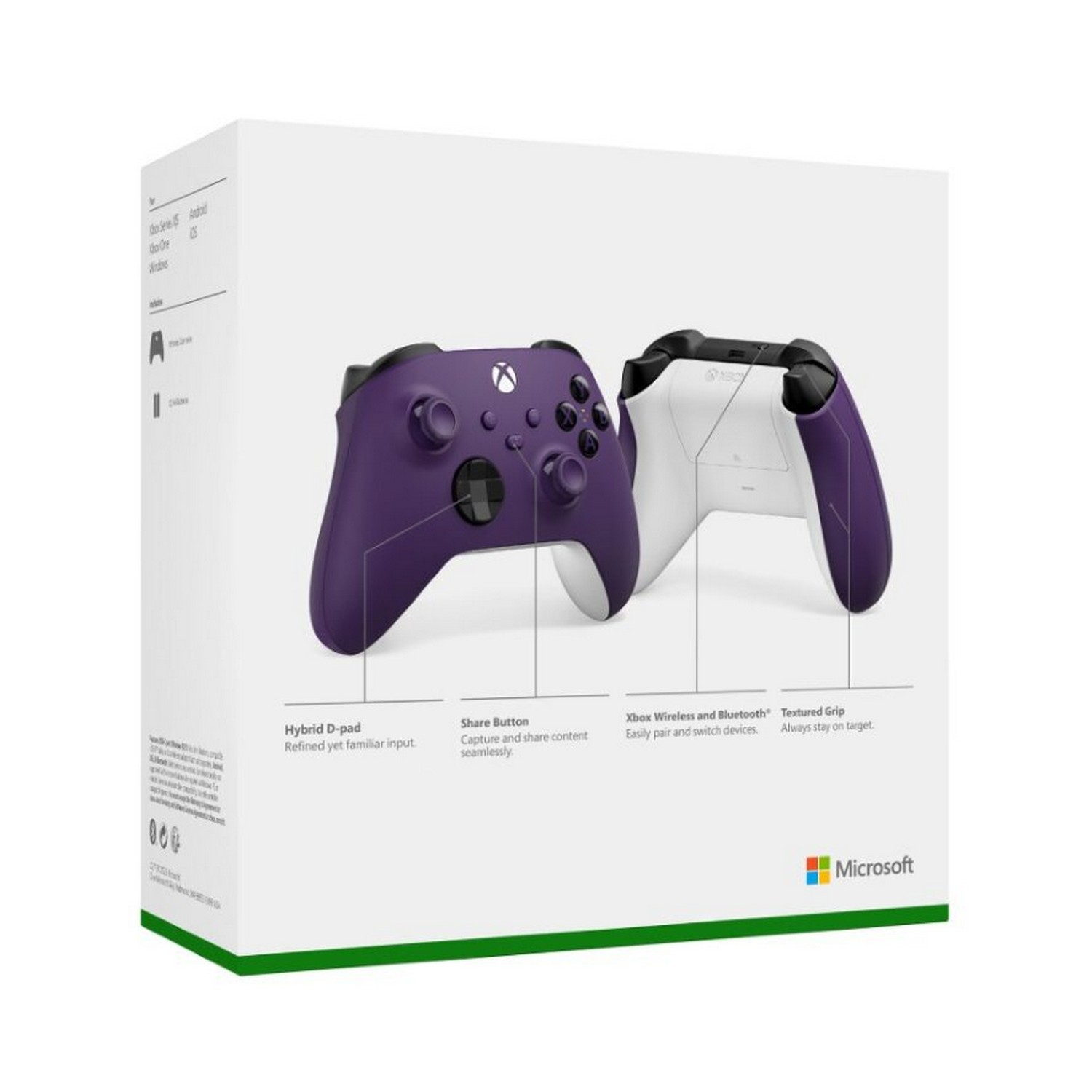 Une manette Xbox violette avec sa boîte, présentant des fonctionnalités comme le bouton de partage et le Bluetooth.