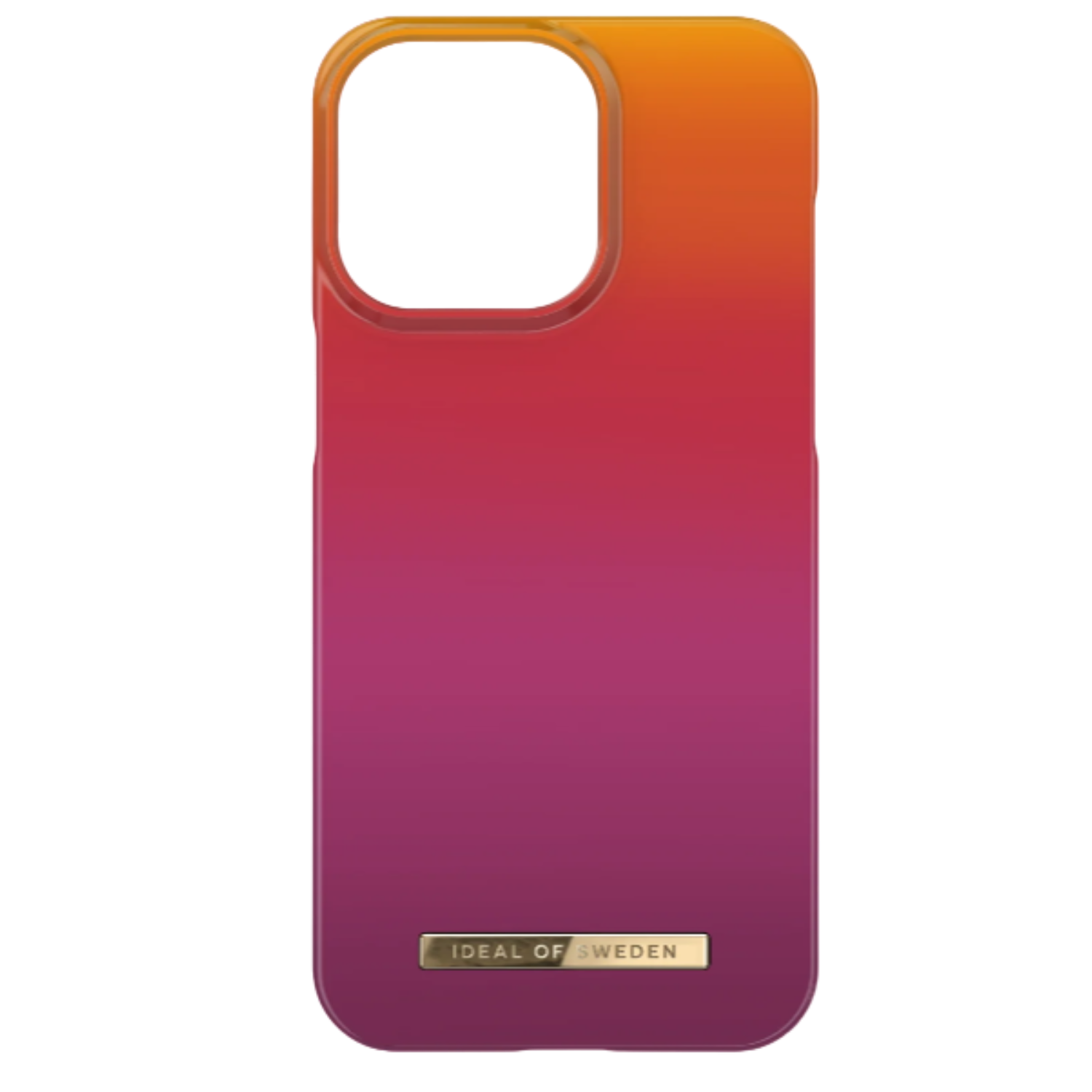 Coque de téléphone avec dégradé d'orange à rose, avec la marque Ideal of Sweden et une barre dorée.