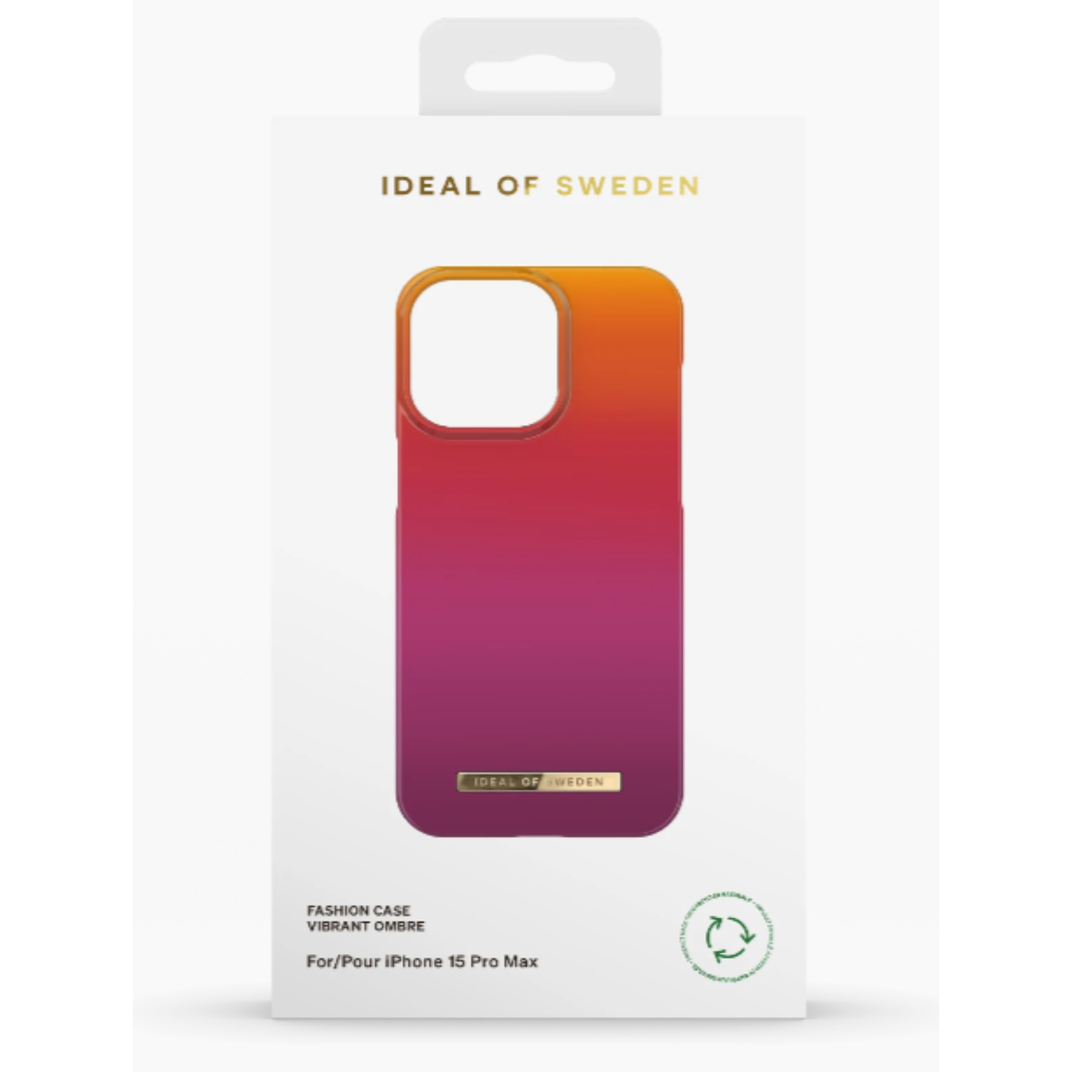 Une coque de téléphone dans une boîte, avec un design ombré vibrant de couleurs rouge, orange et rose.