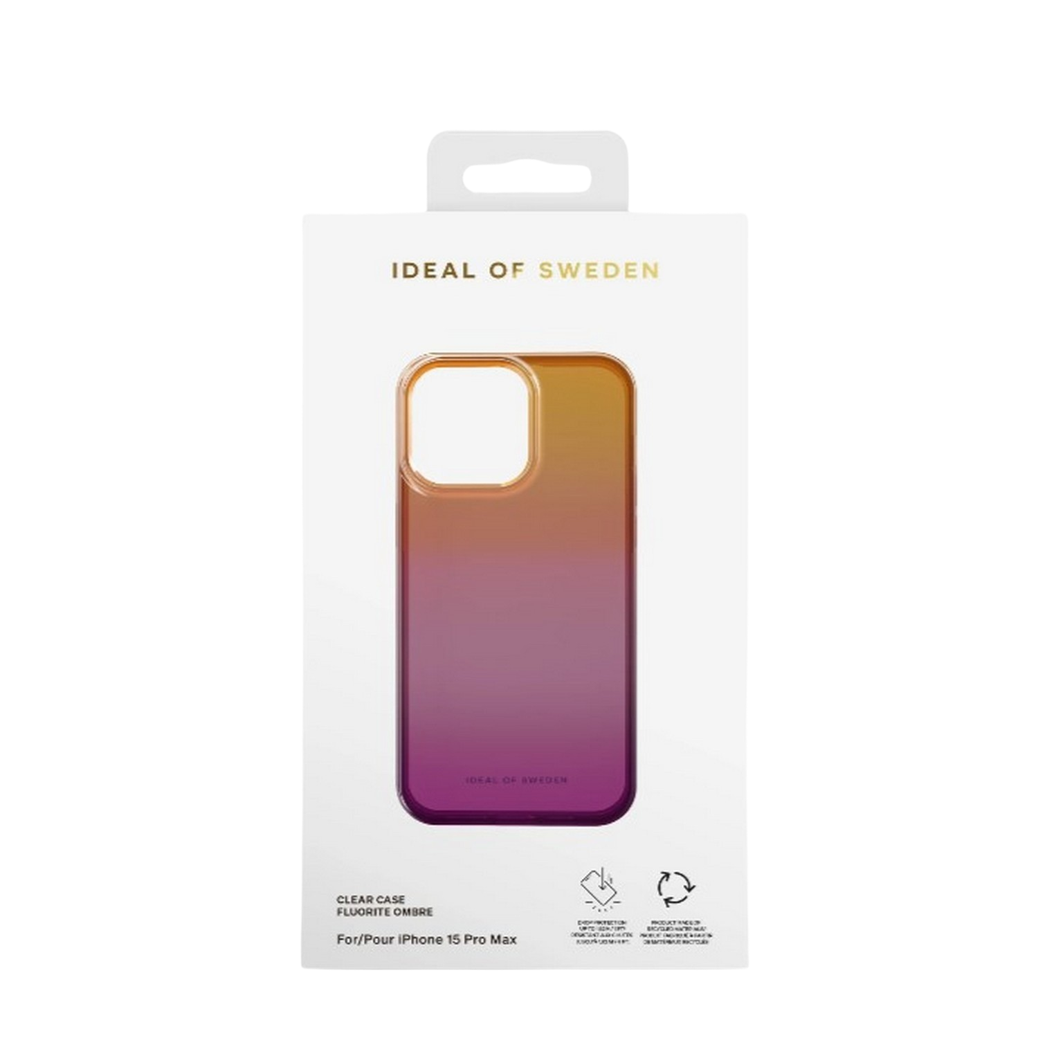 Een telefoonhoesje in een doos. Verloop van oranje naar paars. Merknaam IDEAL OF SWEDEN.