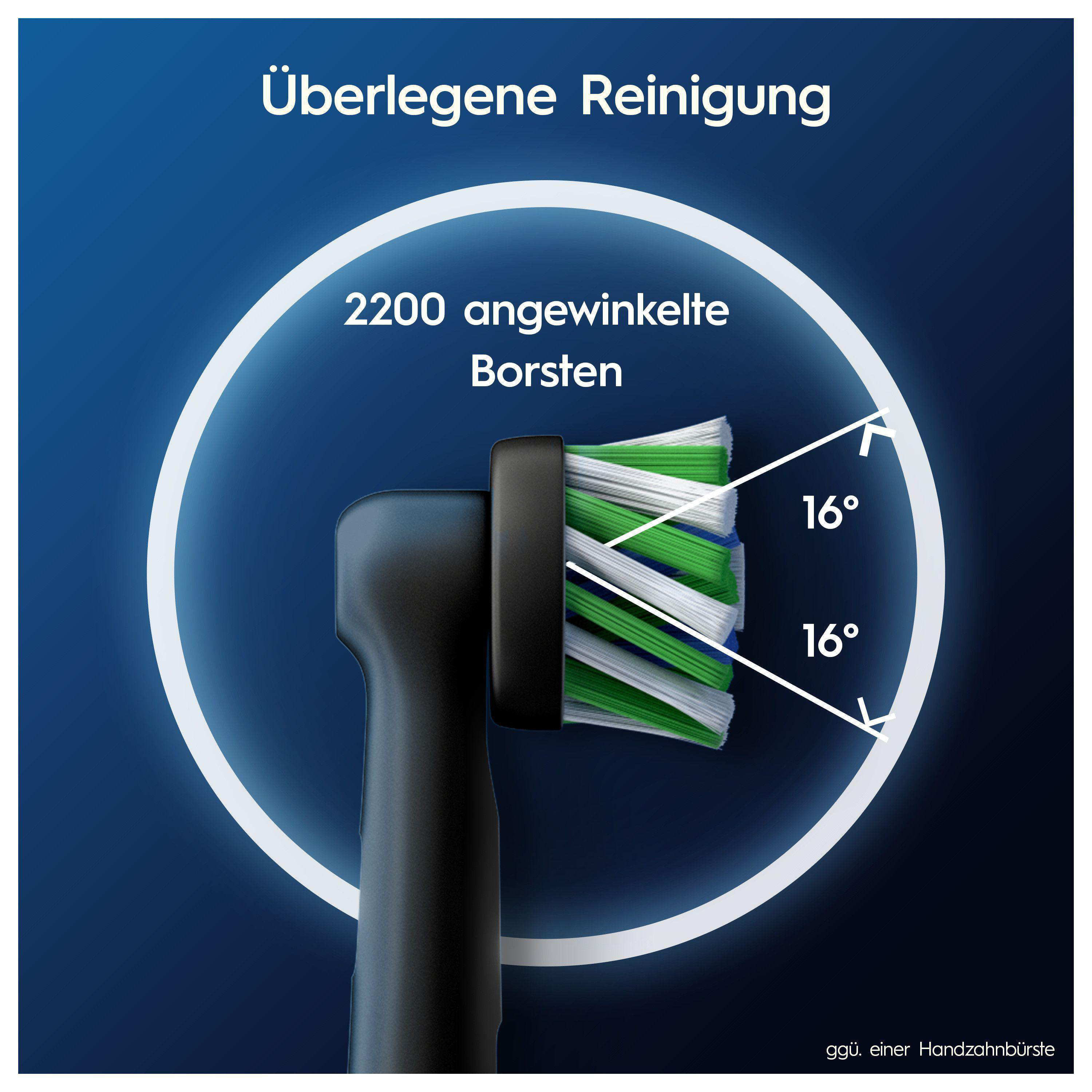 Zahnbürstenkopf mit abgewinkelten Borsten. Text: 'Überlegene Reinigung'.