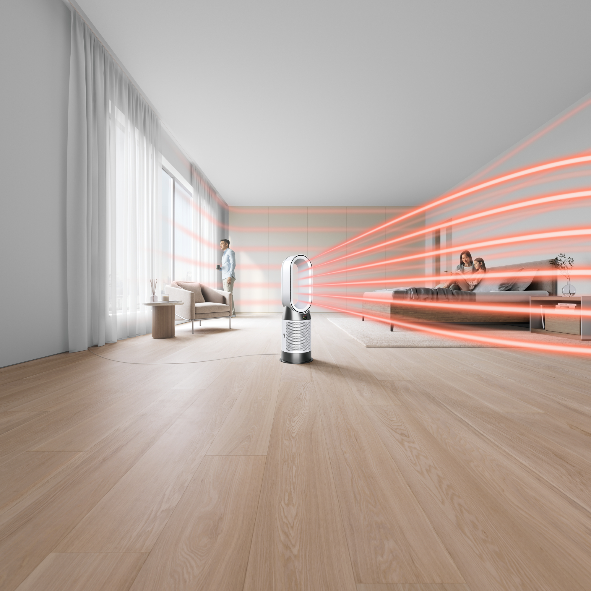 Ventilador Dyson en habitación moderna, dos personas en sofá. Líneas de flujo de aire rojas visibles.