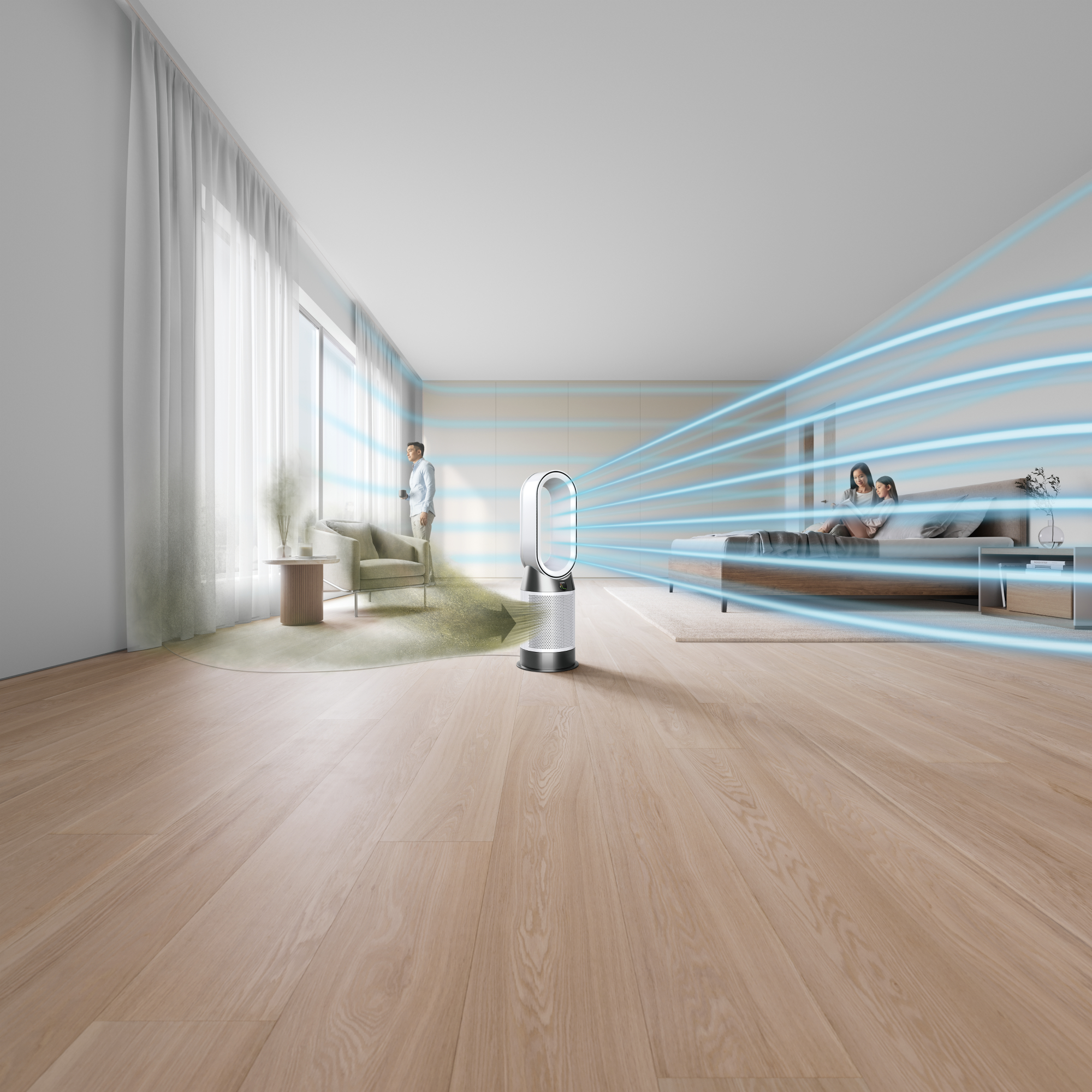 Salón moderno con ventilador Dyson, pareja en la cama y hombre mirando por la ventana.