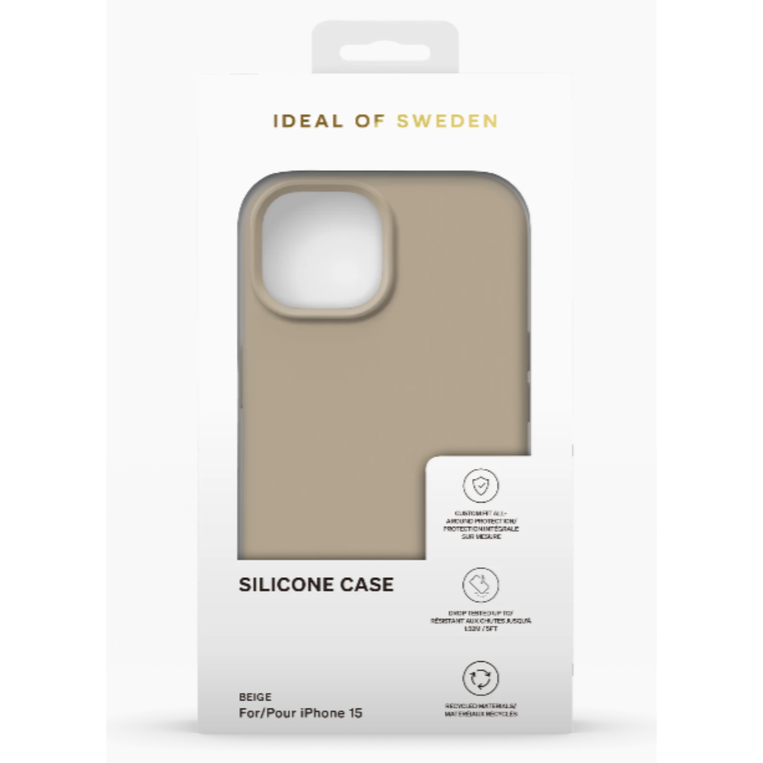 Beige iPhone-hoesje met verpakking. De hoes zit in de doos met informatie en een logo.