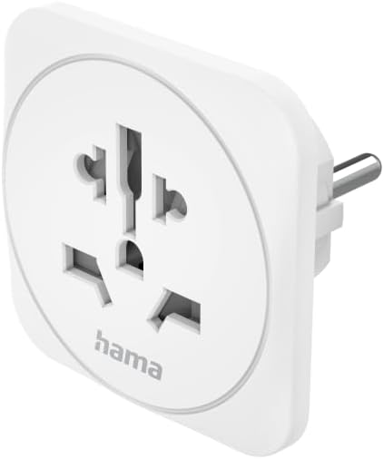 Adaptador de viaje universal Hama blanco. Tiene múltiples configuraciones de enchufe.
