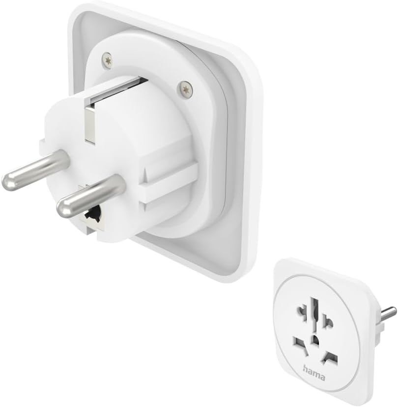 Un adaptador eléctrico blanco con clavijas y múltiples opciones de enchufe. Marca Hama visible.