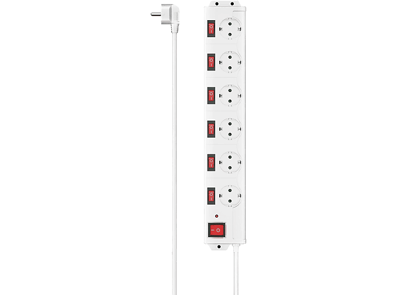 Regleta - Hama Schuko, 6 tomas, Interruptor, 250 V, Cable 1.5 m, Blanco