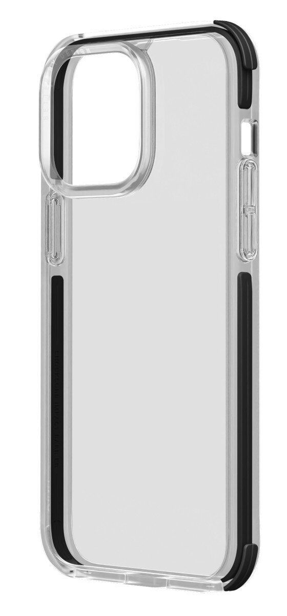 Przezroczyste etui na telefon z czarnymi krawędziami. Wycięcie w kształcie telefonu.