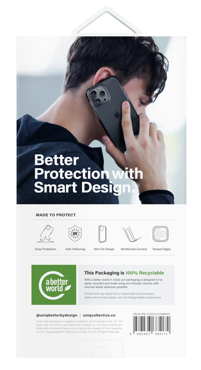 Mężczyzna trzymający smartfon w etui. Opakowanie podkreśla cechy ochronne i recykling.