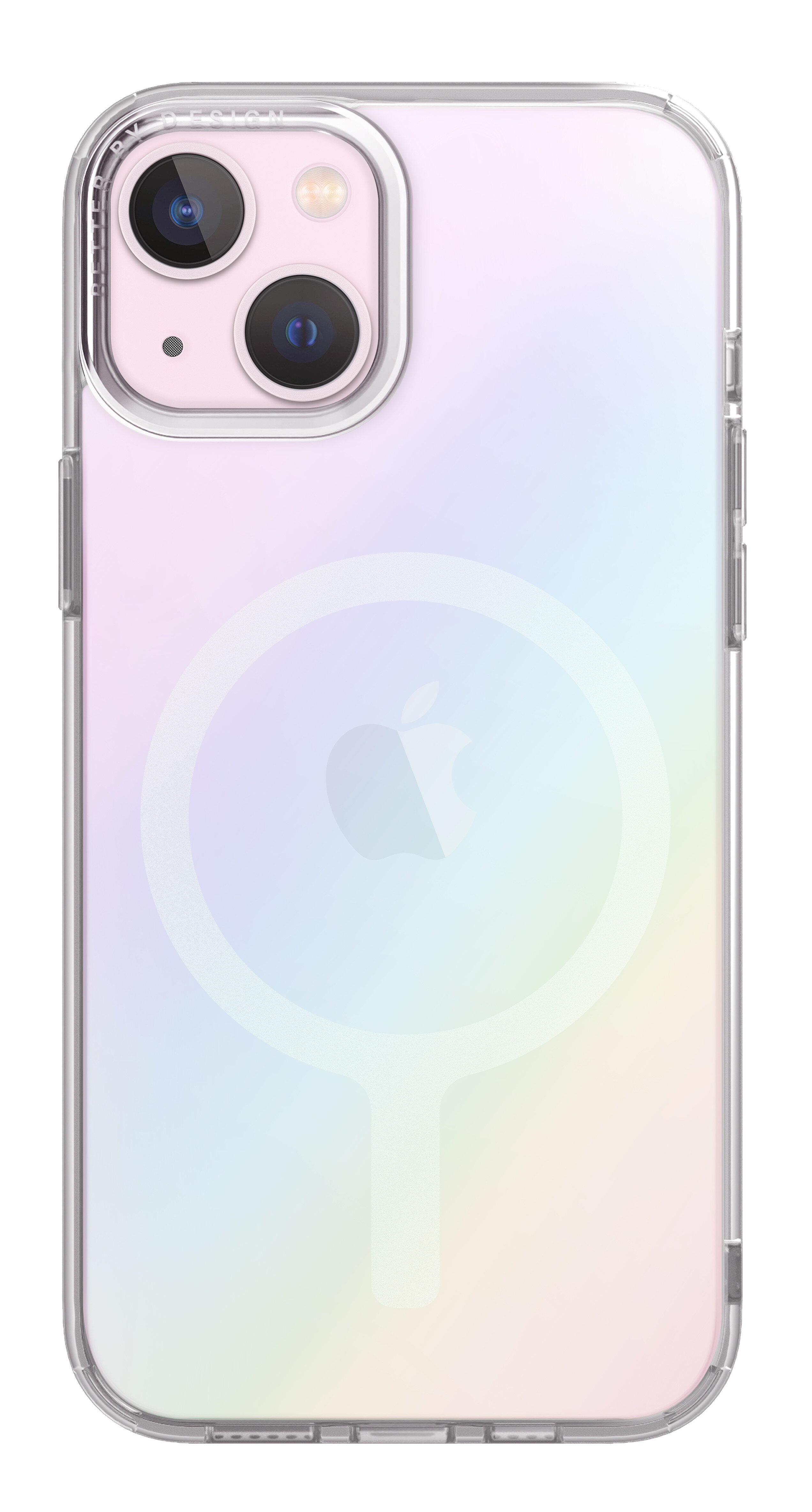 iPhone z przezroczystym etui. Etui pokazuje kolorowy gradient z białym okrągłym elementem.