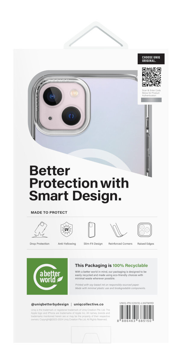 Tył etui na telefon z kodem QR i tekstem o ochronie i recyklingu.