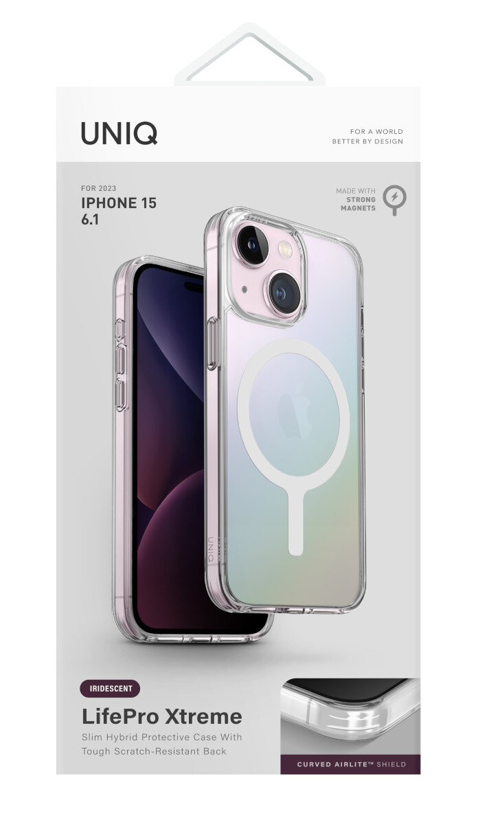 Etui na iPhone 15 w opakowaniu. Etui jest przezroczyste z różowo-fioletowym gradientem i magsafe.