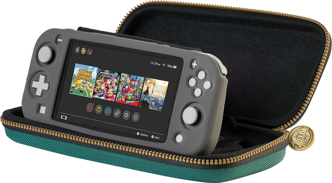 Szara konsola Nintendo Switch Lite w turkusowym etui, z ikonami gier na ekranie, zamknięta na zamek.