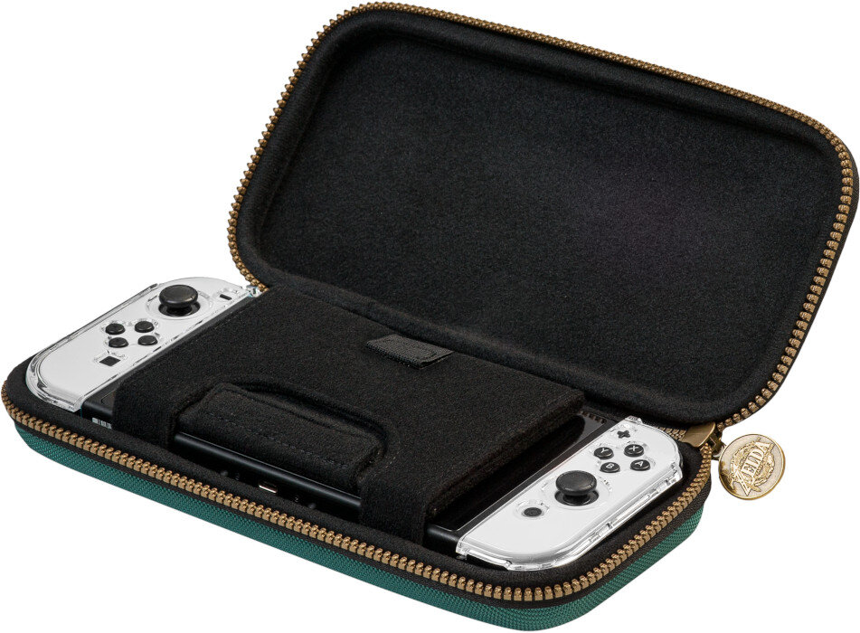 Zielone etui Nintendo Switch w stylu Zelda, otwarte, aby odsłonić konsolę i kontrolery w środku.