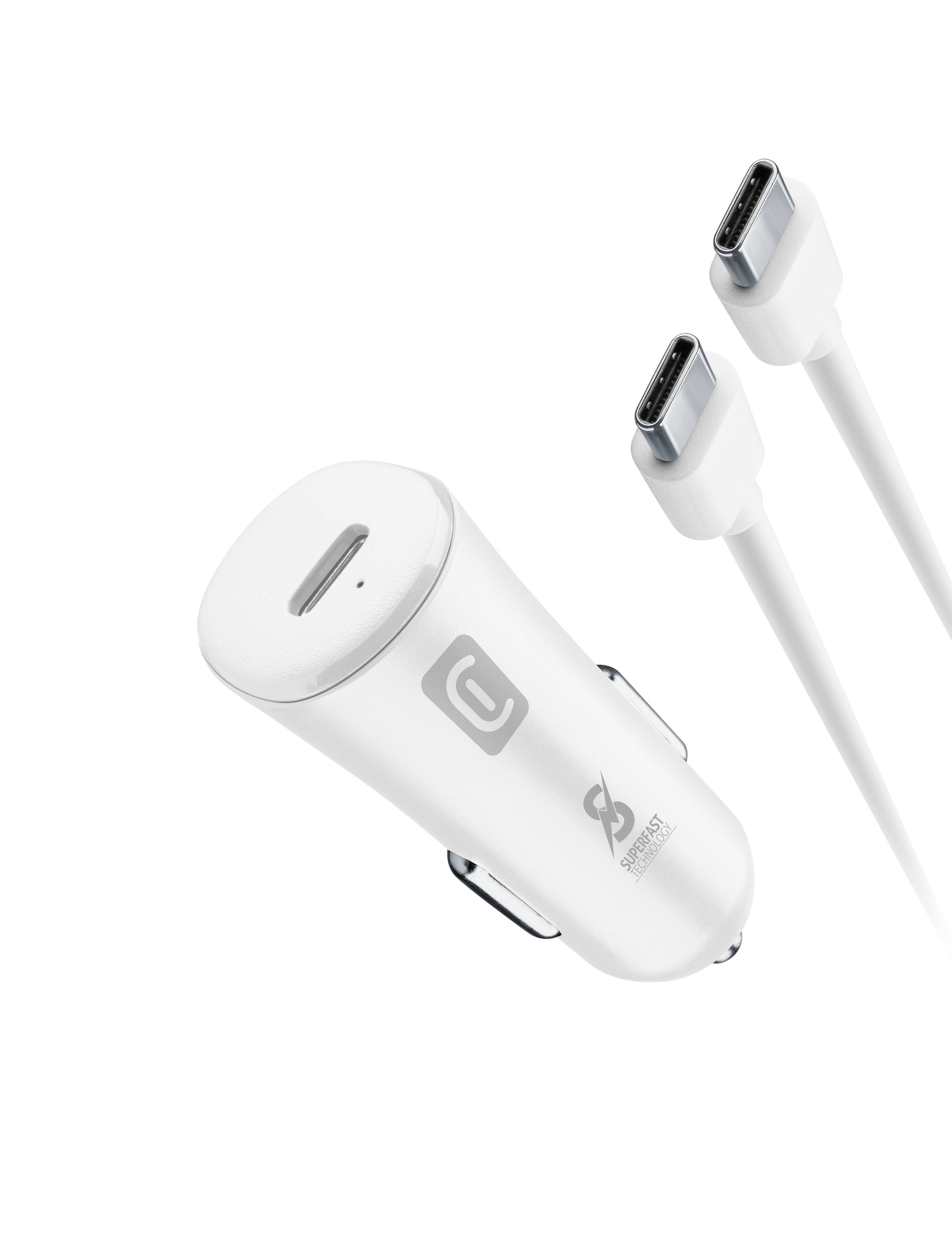 Weißes Autoladegerät mit zwei USB-C-Anschlüssen und einem Logo. Weißer Hintergrund.