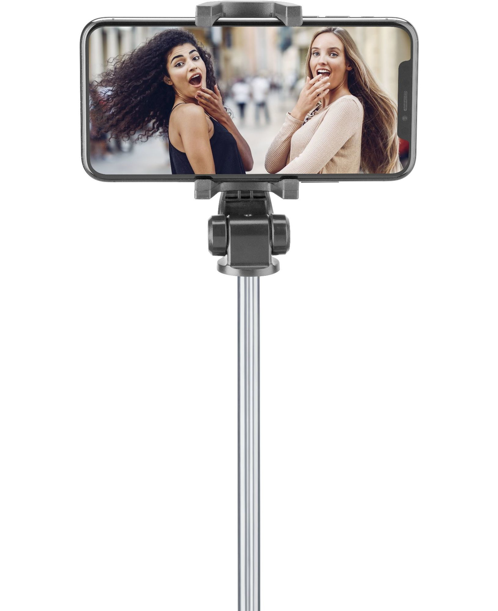 Ein Selfie-Stick, der ein Telefon hält, auf dem zwei überraschte Frauen abgebildet sind.