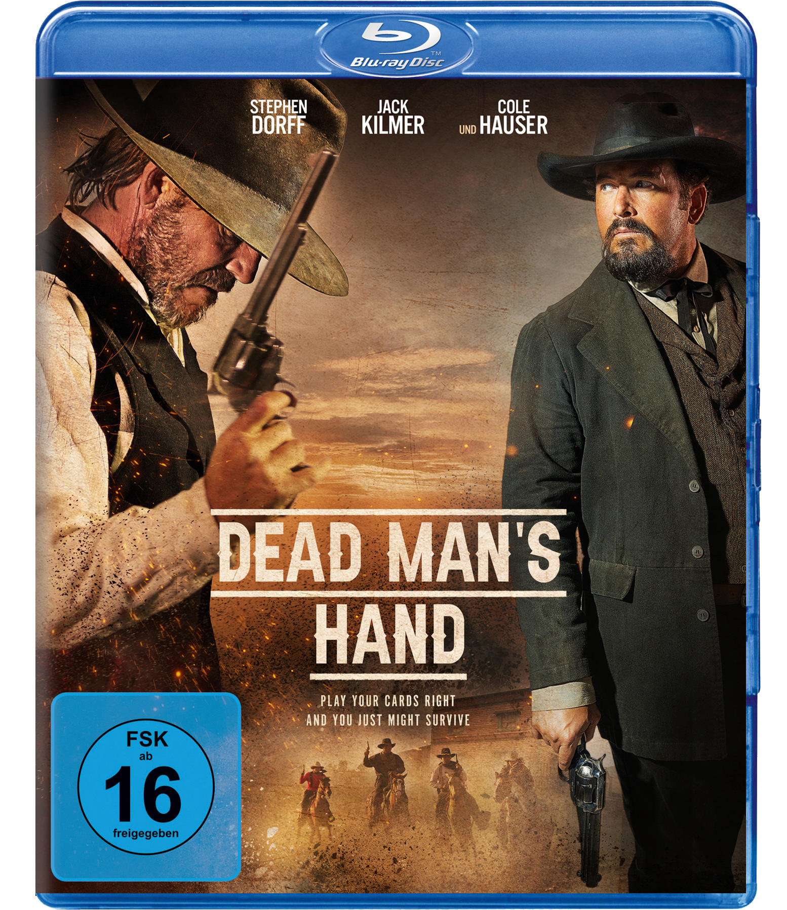 Blu-ray Disc-Hülle mit zwei Männern in Cowboyhüten mit Waffen und dem Text 'DEAD MAN'S HAND'.