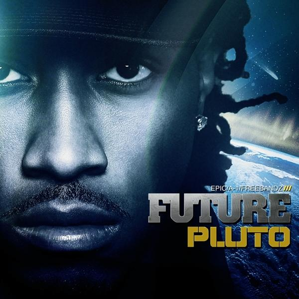 Albumcover mit Future's Gesicht, Titel 'FUTURE PLUTO' und Weltraumhintergrund mit Blautönen.