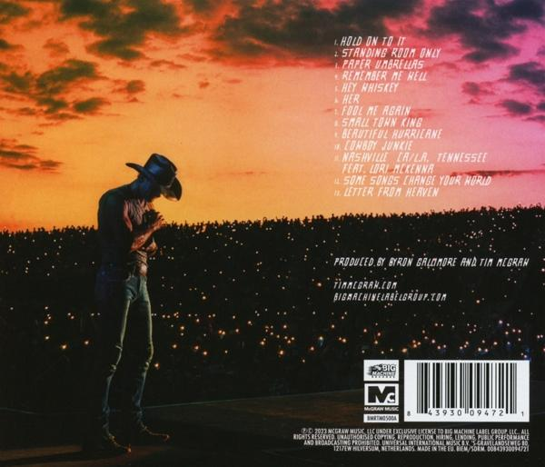 Albumcover mit einem Mann mit Cowboyhut und Sonnenuntergangshintergrund, mit Songtiteln.