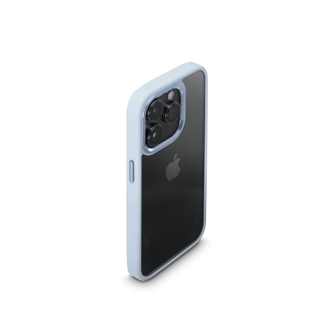 Eine hellblaue Handyhülle auf weißem Hintergrund, Telefon im Inneren. Die Hülle hat eine transparente Rückseite.