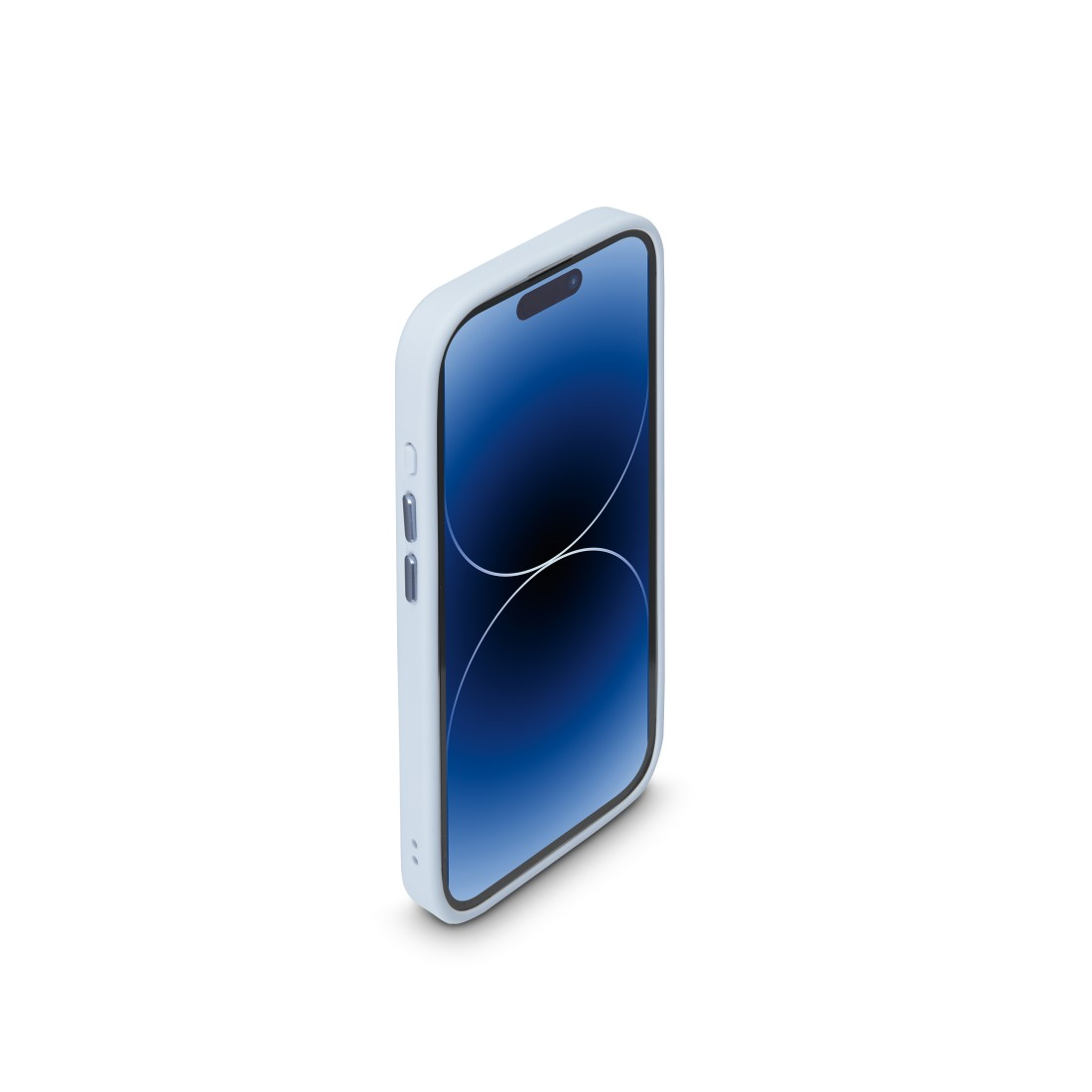 Blaues iPhone, schräge Ansicht. Der Bildschirm ist dunkel, mit weißem Rahmen und blauem Gehäuse.