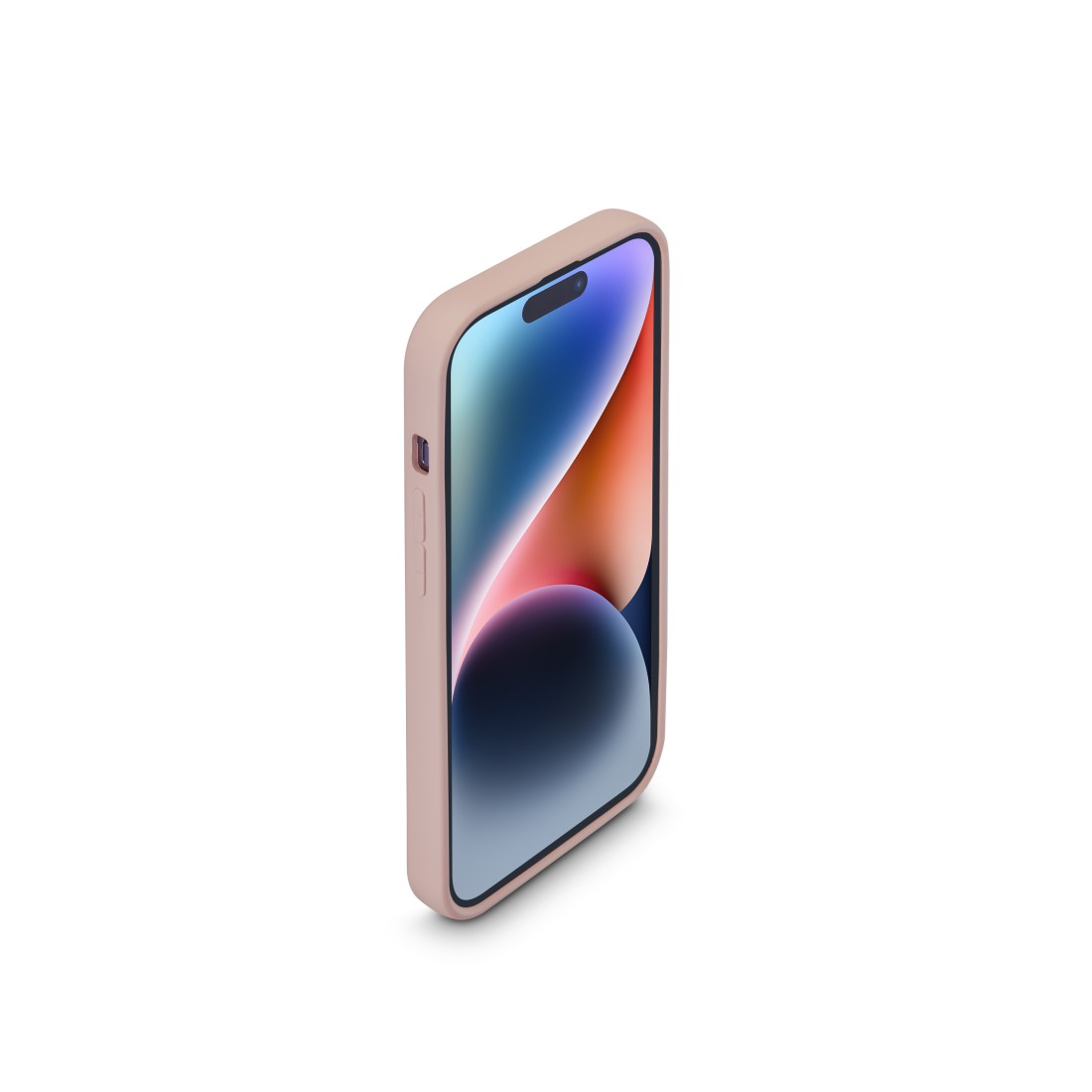 Rosa Handyhülle mit Telefon. Das Telefon hat einen Bildschirm mit buntem Hintergrund. Weißer Hintergrund.