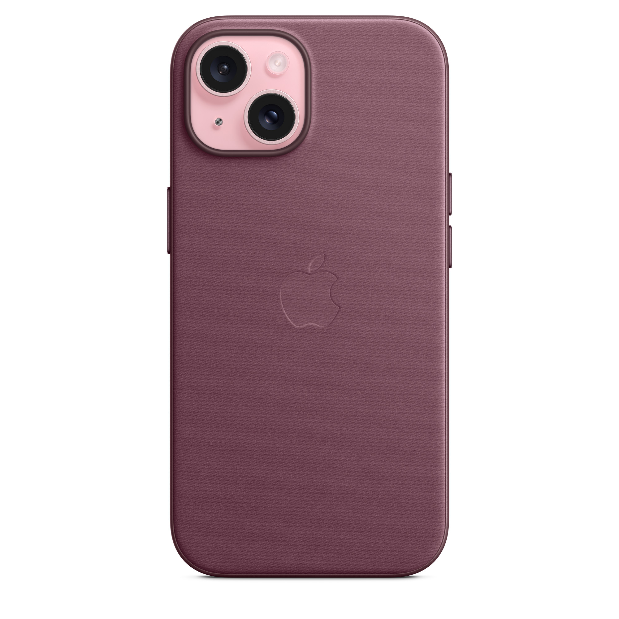 Apple logolu ve kamera modüllü mor iPhone kılıfı.