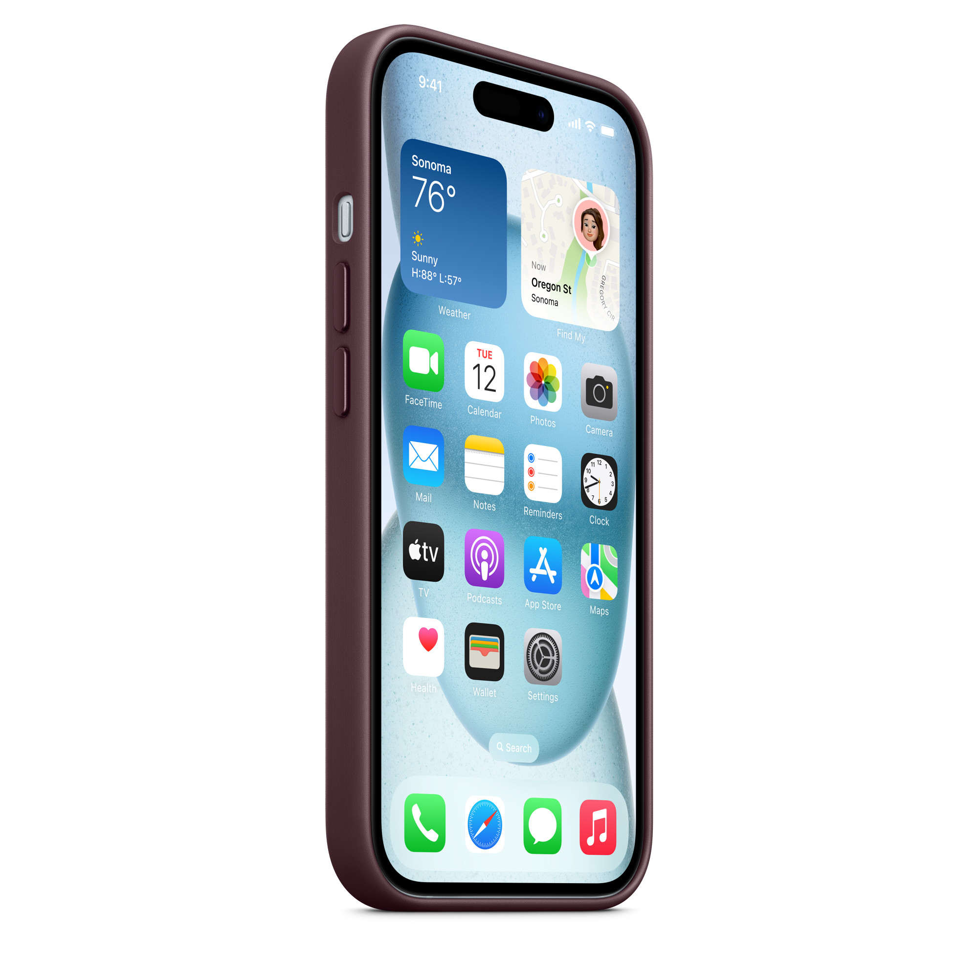 Burgonya bir kılıf içinde dik duran bir telefon, ekranında uygulama simgelerini ve hava durumu bilgilerini gösteriyor.