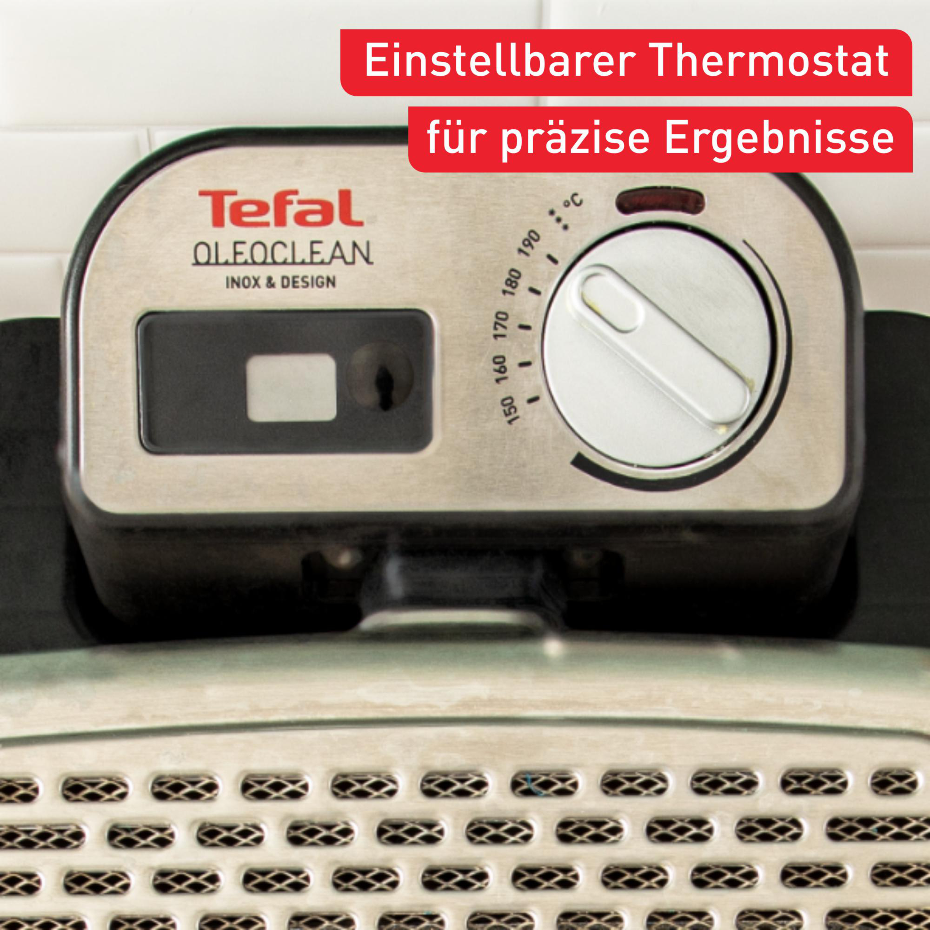 Primo piano di un apparecchio Tefal Oleoclean con quadrante e display della temperatura.