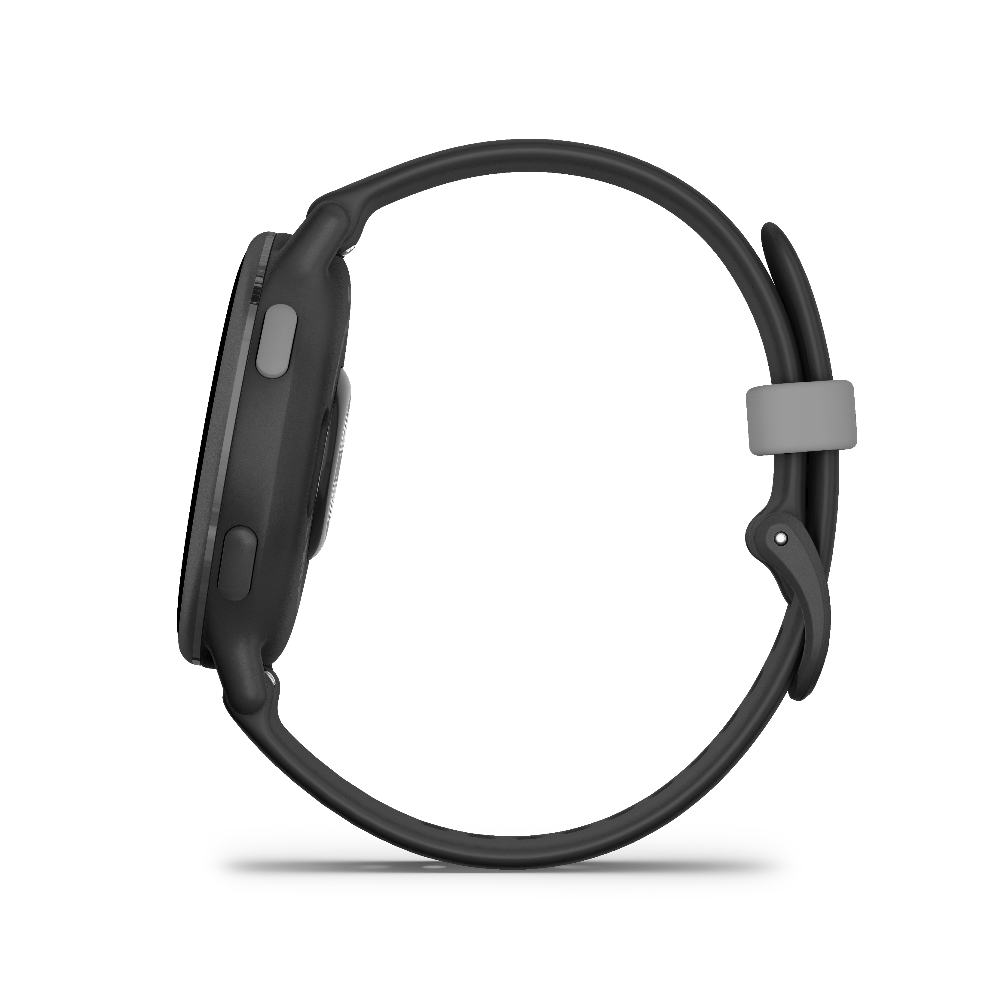 Schwarze Smartwatch im Profil. Schwarzes Armband mit grauem Verschluss. Grauer Knopf an der Seite.