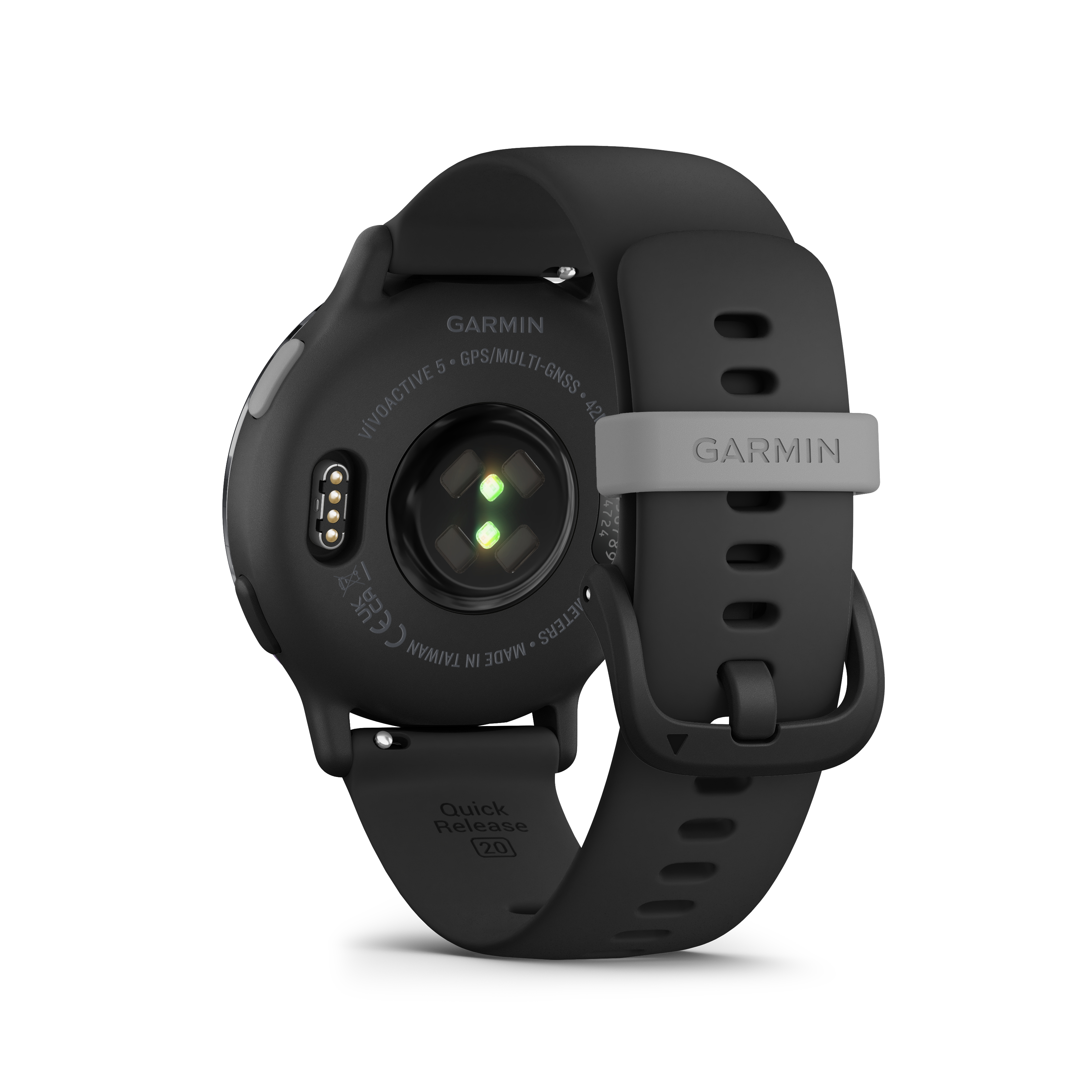 Rückansicht einer schwarzen Garmin-Smartwatch. Sie hat einen Herzfrequenzsensor und ein graues Armband.