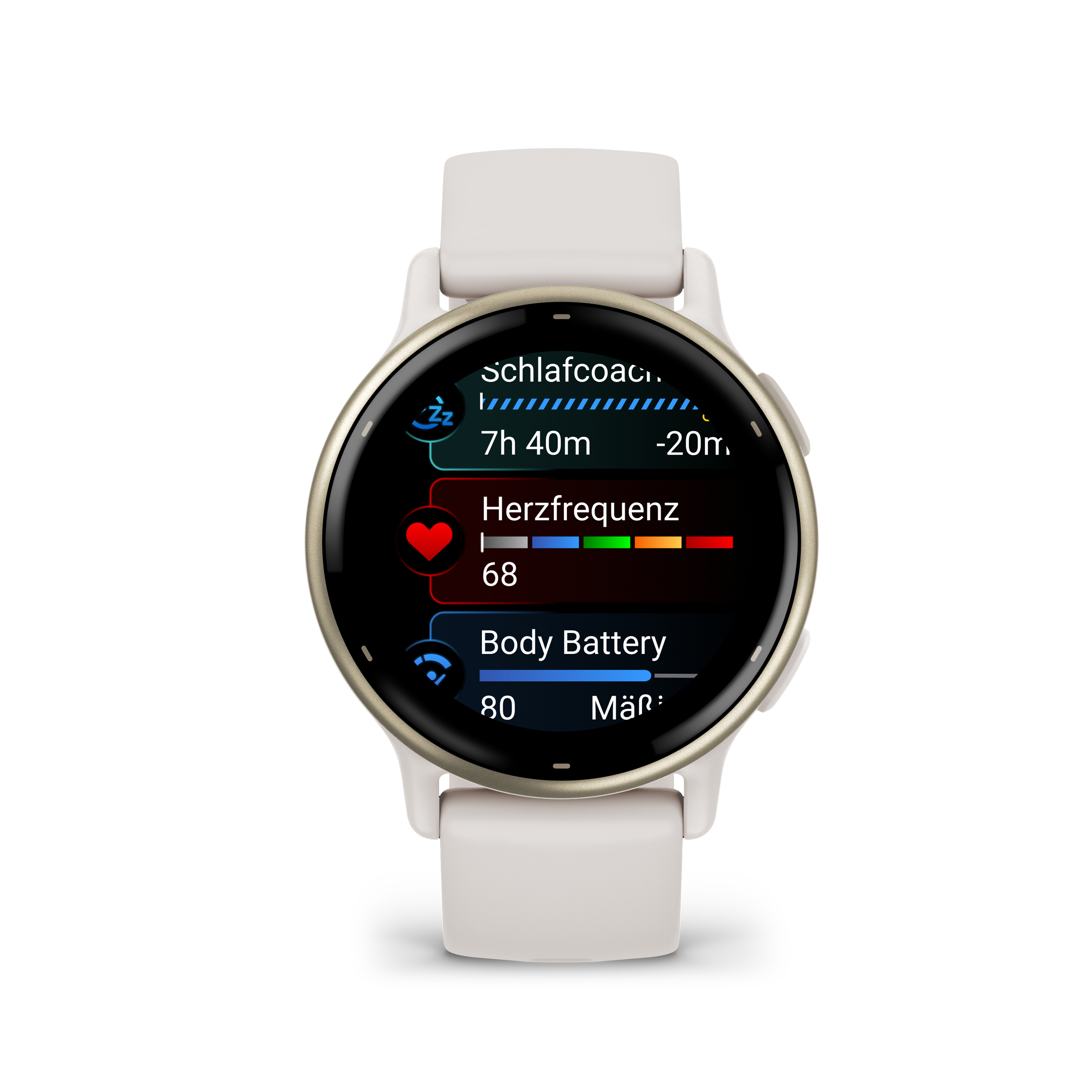 Garmin Smartwatch mit Schlafanalyse, Herzfrequenz und Akku-Anzeige, auf weißem Armband, weißer Hintergrund.