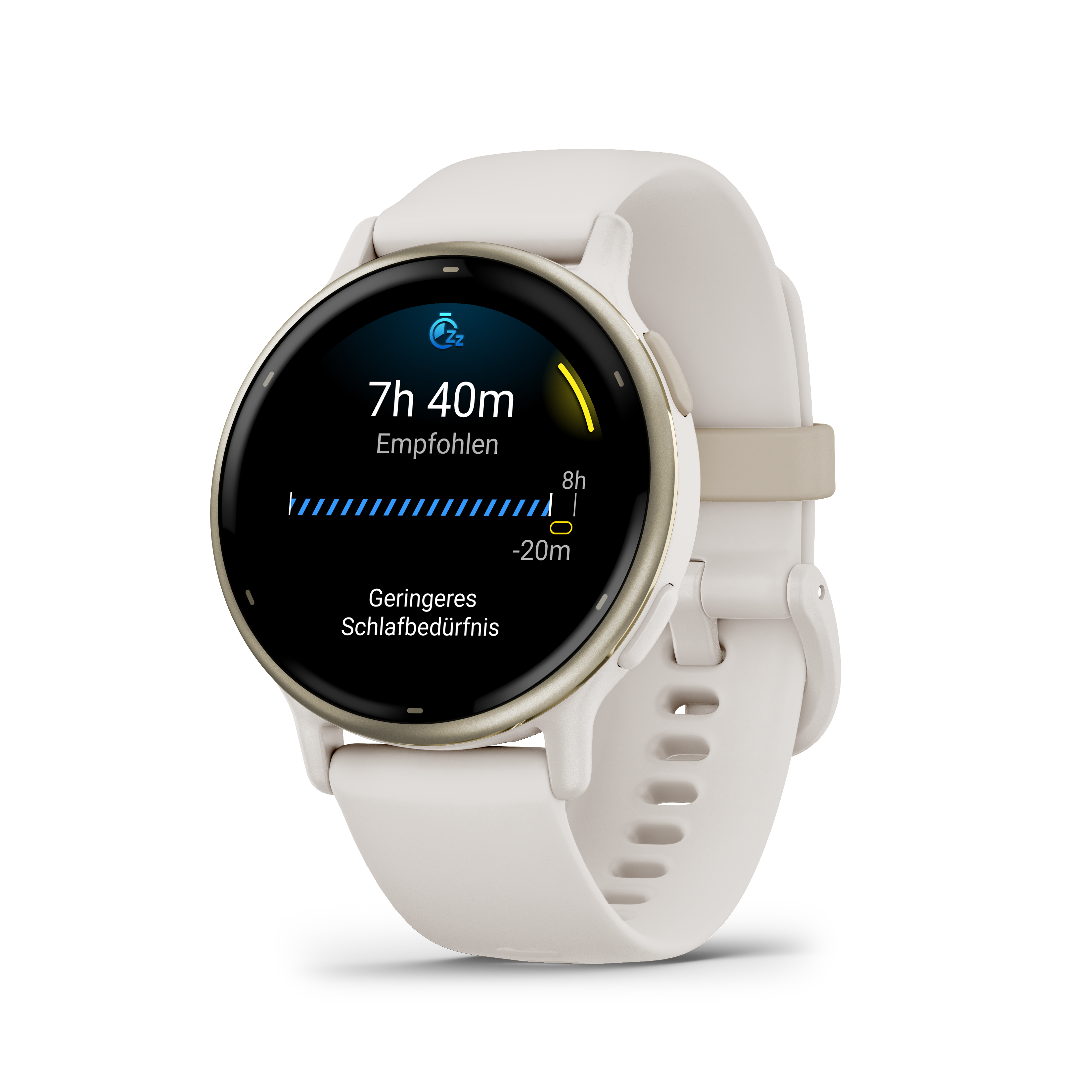 Smartwatch zeigt Schlafdaten: 7h 40m empfohlen, -20m, und ein Schlafsymbol.