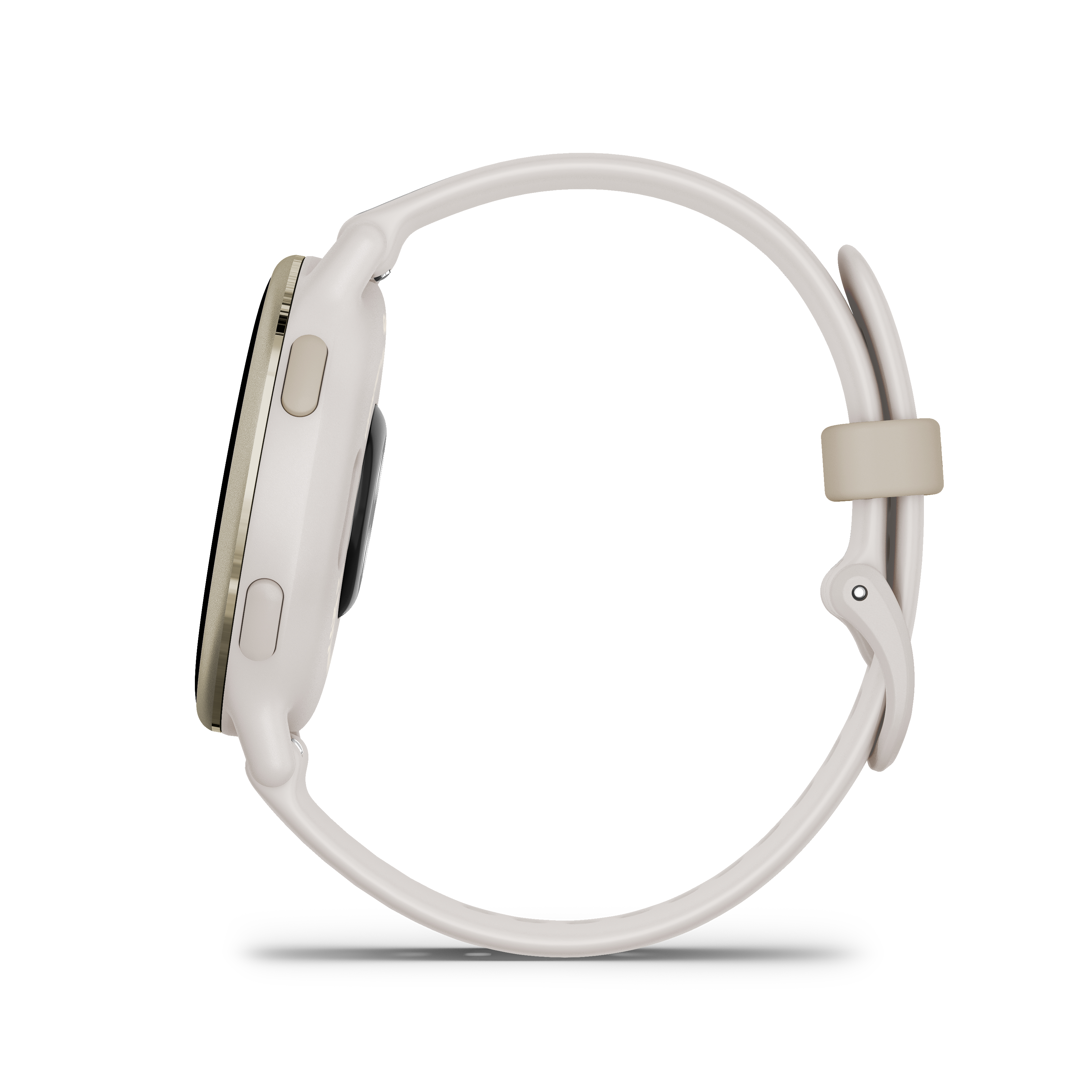 Seitenansicht einer weißen Smartwatch mit hellem Armband. Die Uhr ist rund und hat einen Bildschirm.