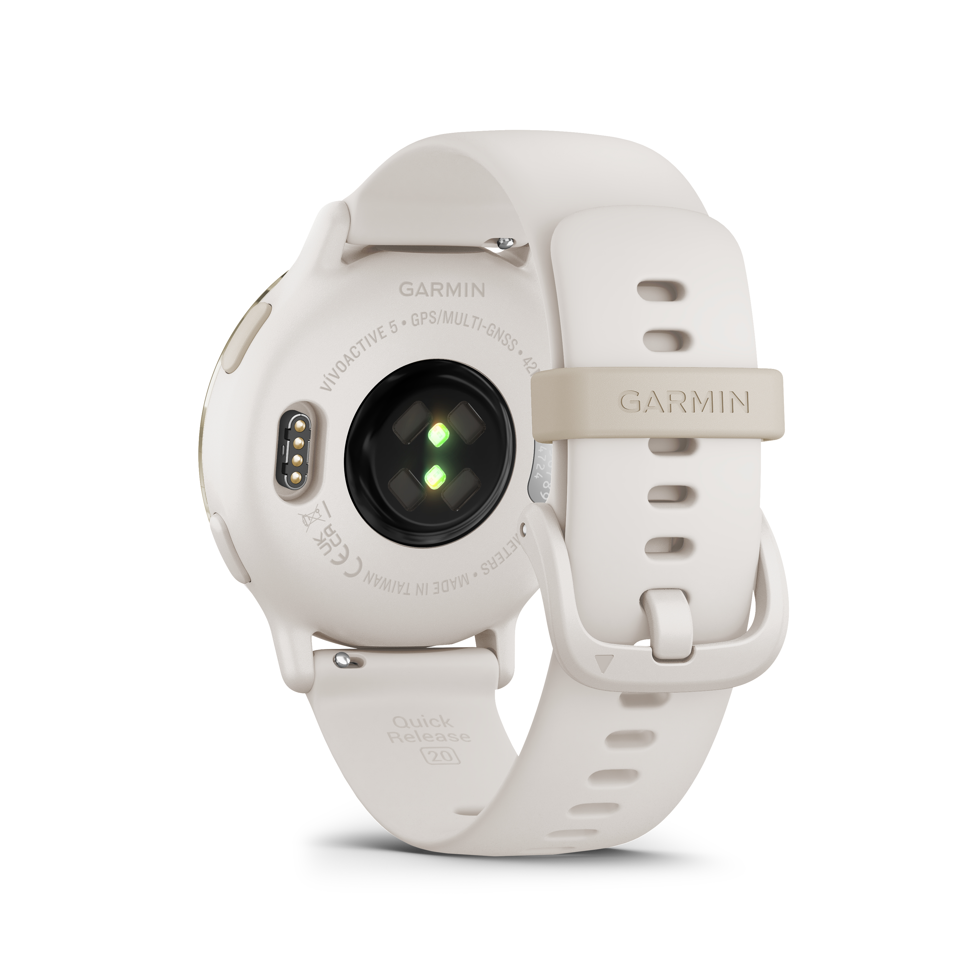 Weiße Garmin-Smartwatch, Rückansicht, mit weißem Armband. Die Uhr zeigt einen grünen Herzfrequenzsensor.