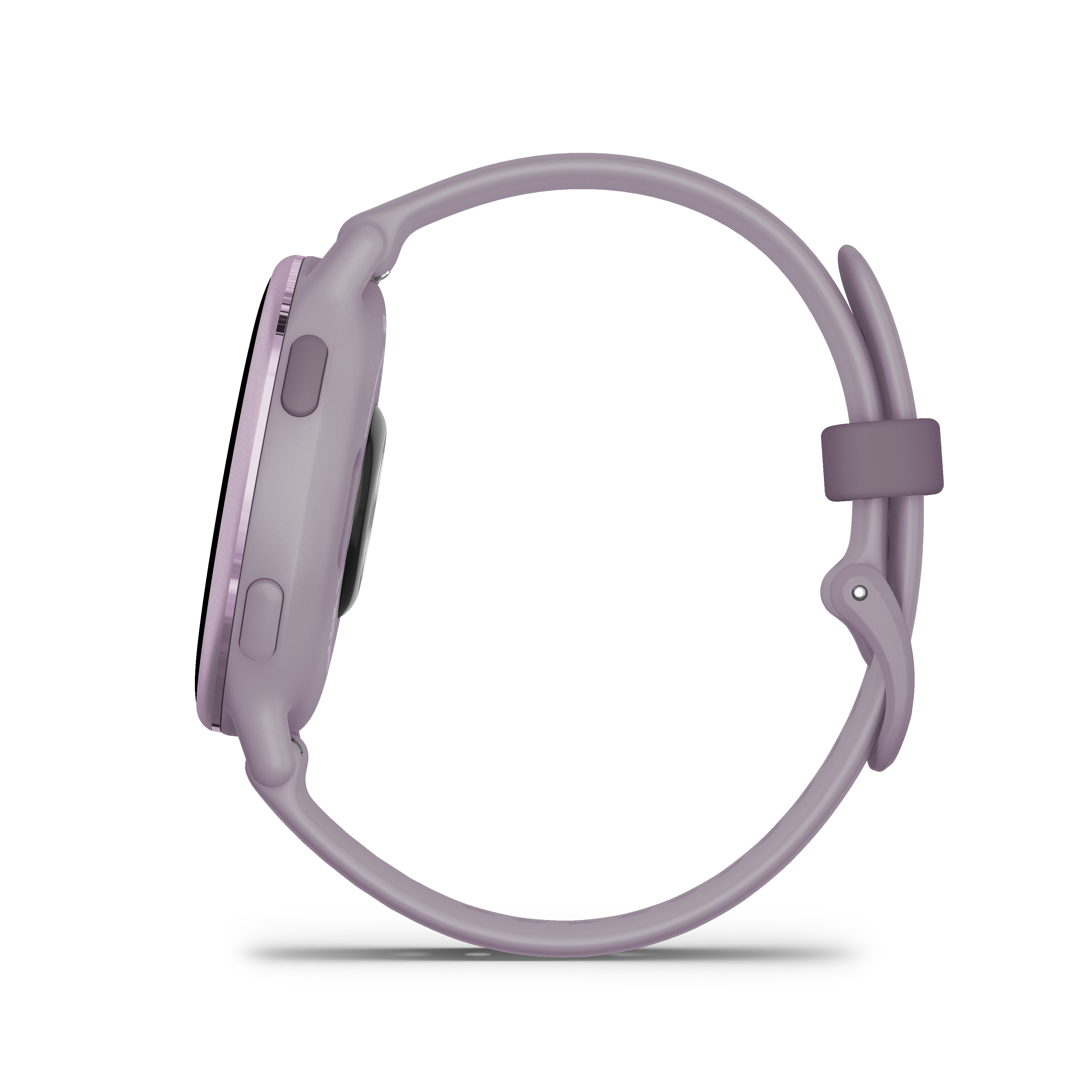 Lila Smartwatch, Seitenansicht, zeigt Display und Armband.