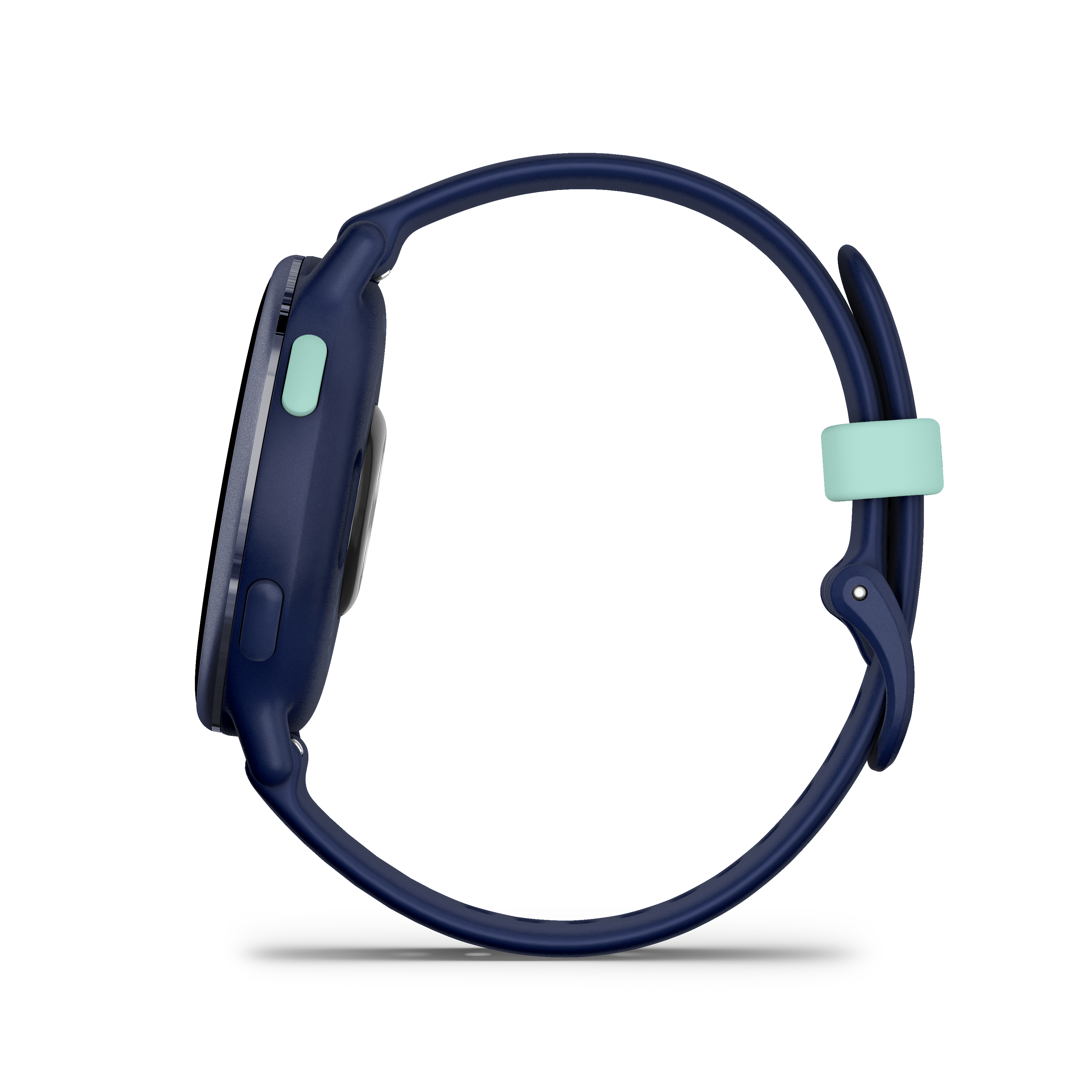 Dunkelblaue Smartwatch mit hellgrünem Armband und Akzenten, Seitenansicht.