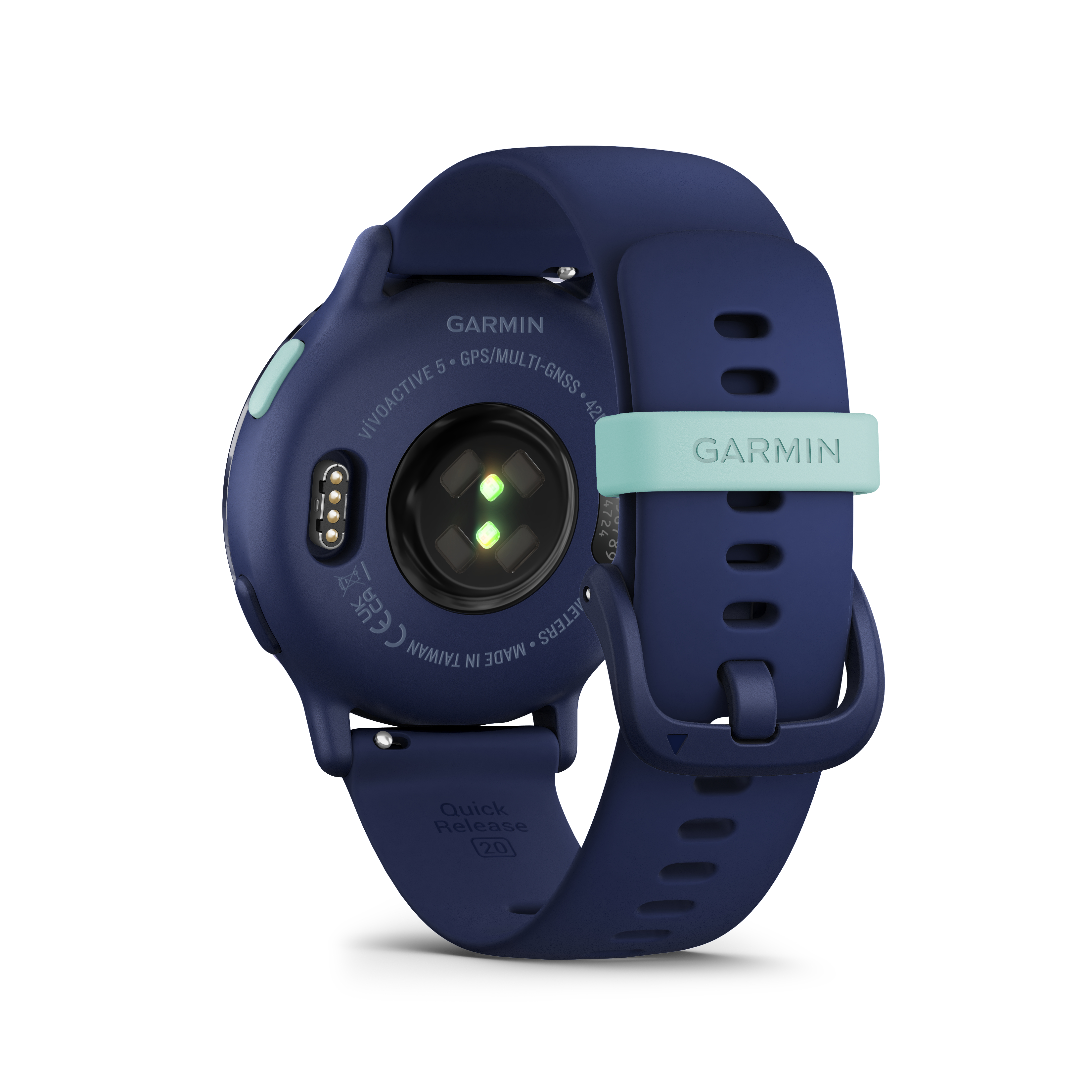 Marineblaue Smartwatch, Rückansicht. Garmin-Logo und grüner Lichtsensor, und blaues Armband.