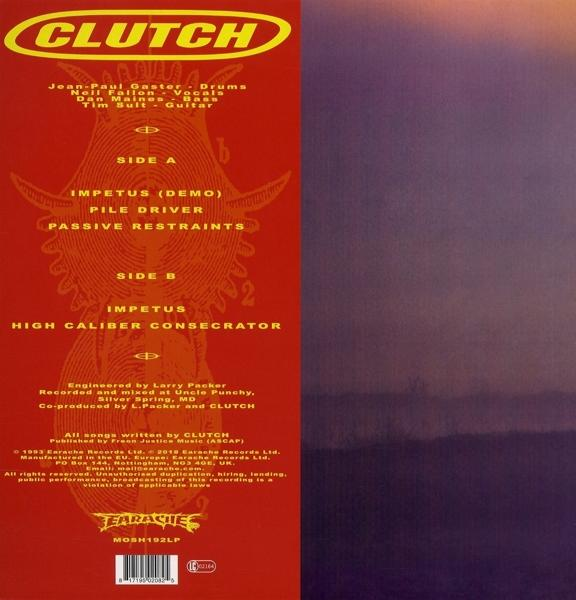 Albumcover. Clutch Band Infos. Seite A und B Infos. Roter Hintergrund, schwarzer Text. Bandlogo.