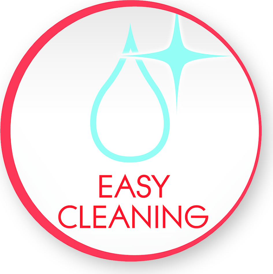 Round sticker with the words “EASY CLEANING” and a water drop and star icon on a white background.