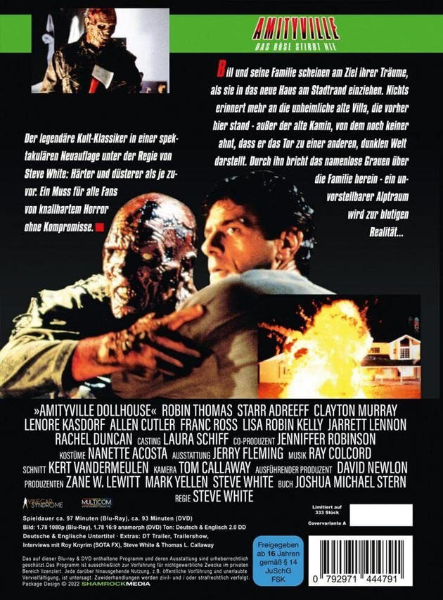 DVD-Hülle des Films Amityville. Zwei Personen stehen sich gegenüber.