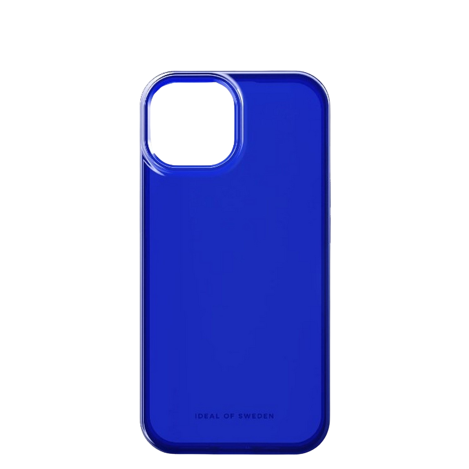 Een blauwe telefoonhoes met een Ideal of Sweden logo onderaan.