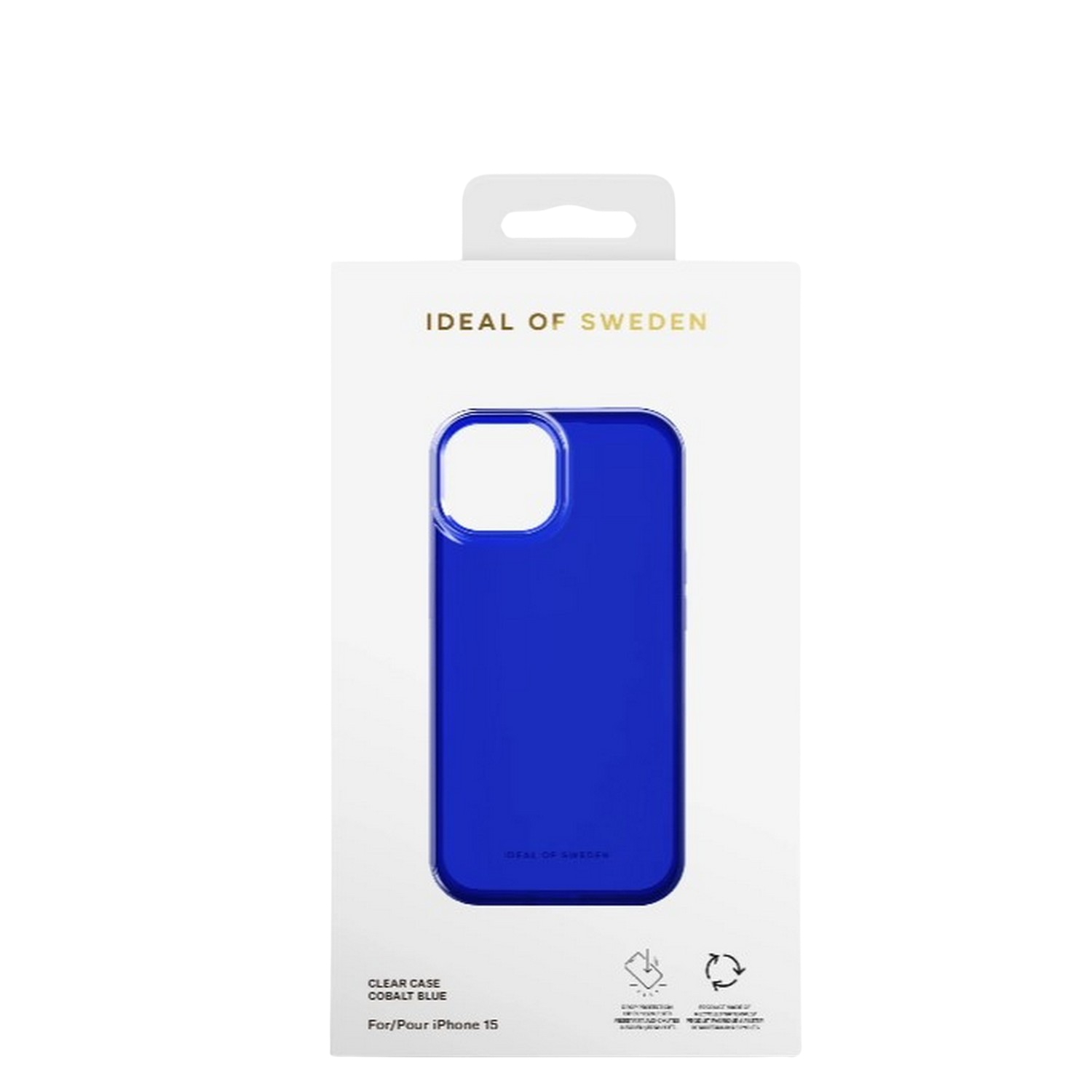 Blauwe telefoonhoes in een witte doos, met het Ideal of Sweden logo.