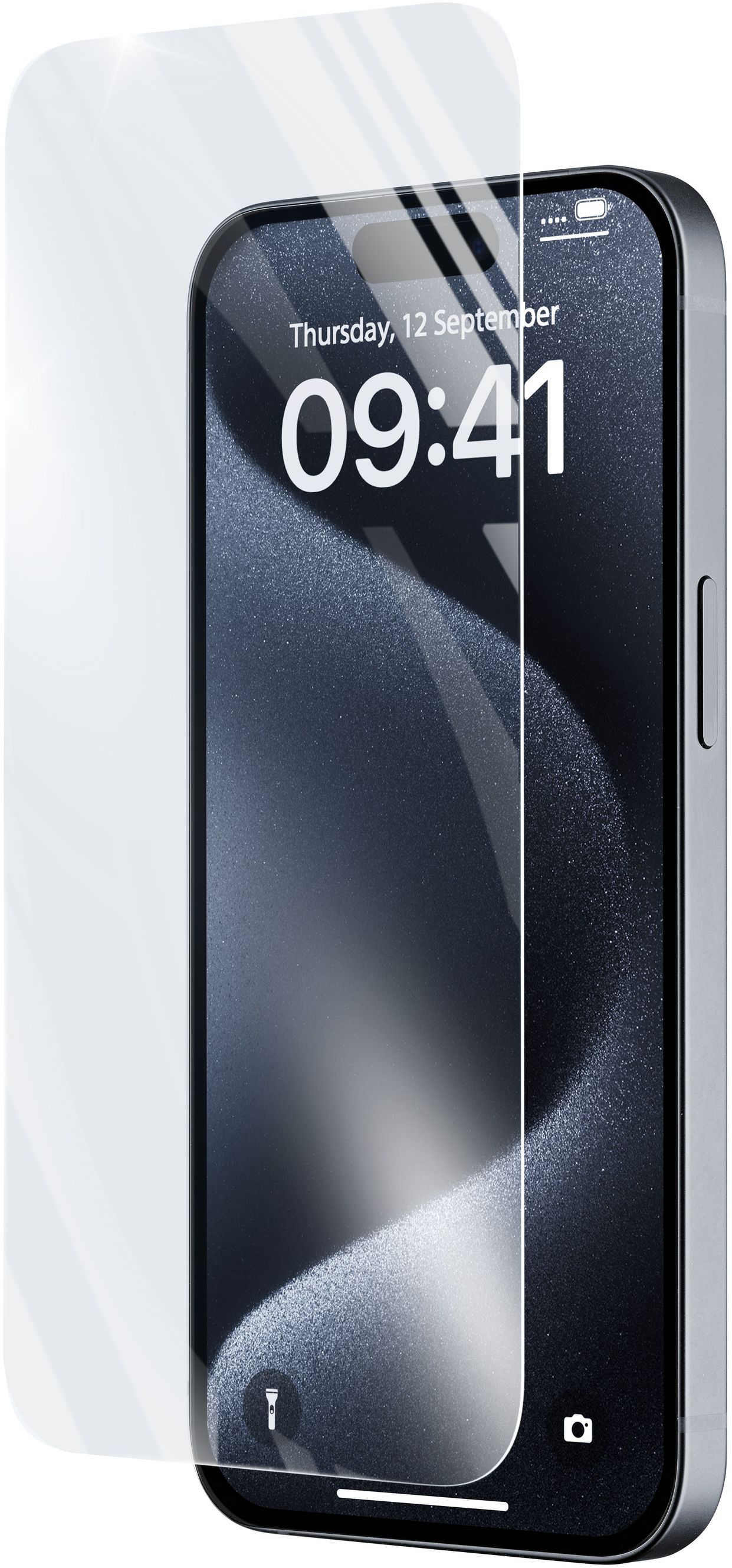 Ein Telefon mit aufgebrachter Displayschutzfolie, die Uhrzeit und Datum anzeigt.