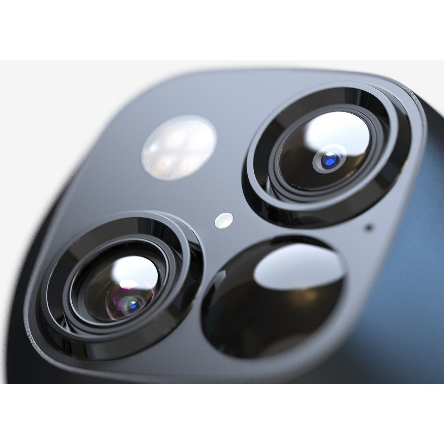 Gros plan sur les caméras du téléphone. Trois lentilles et un flash visibles sur fond flou.