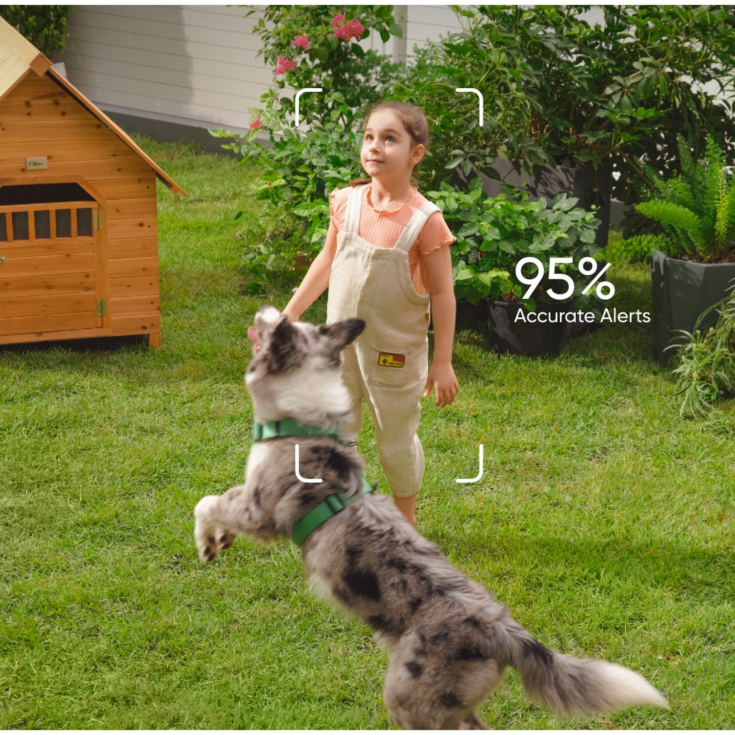 Fille et chien jouant dans la cour, avec des alertes précises à 95%.