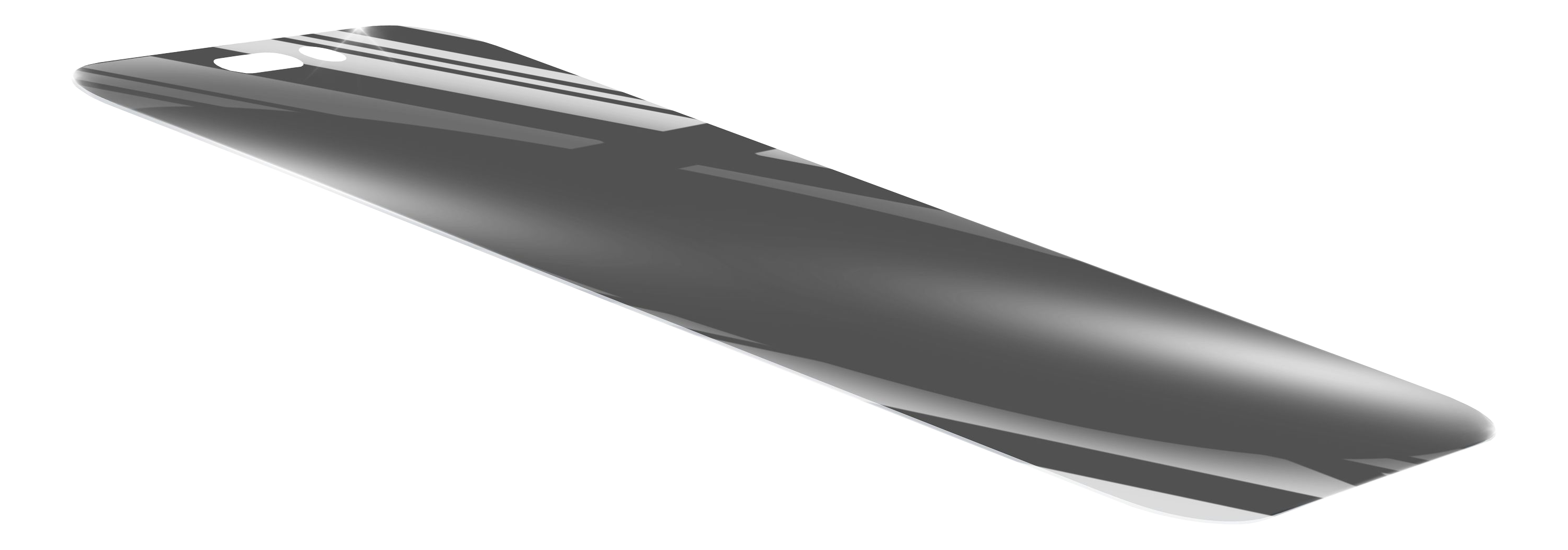 Dunkelgrauer Displayschutz für das Telefon. Winkliges Design, mit Aussparungen. Schwarzer Hintergrund.