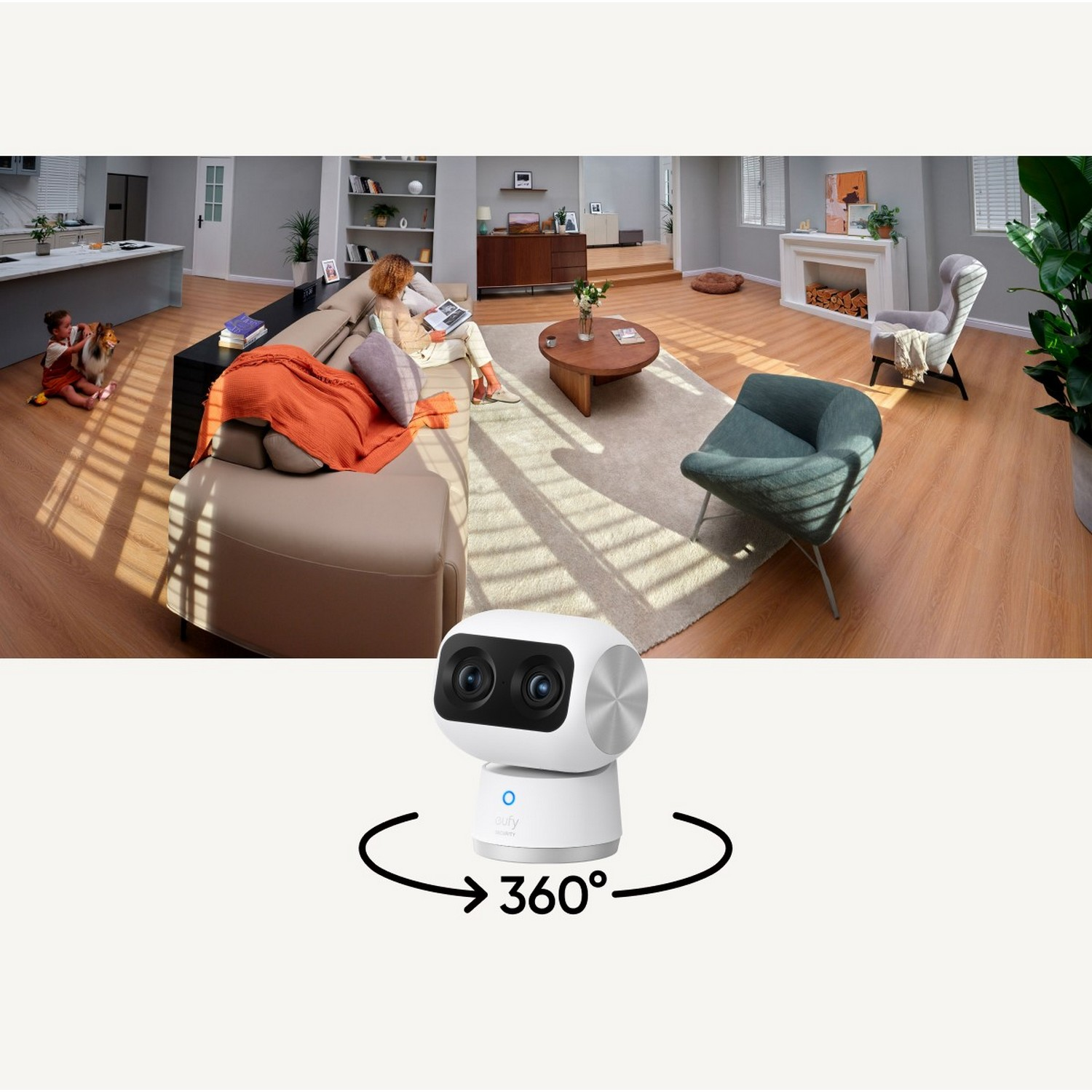 Une caméra blanche avec une flèche à 360 degrés et un salon en arrière-plan.